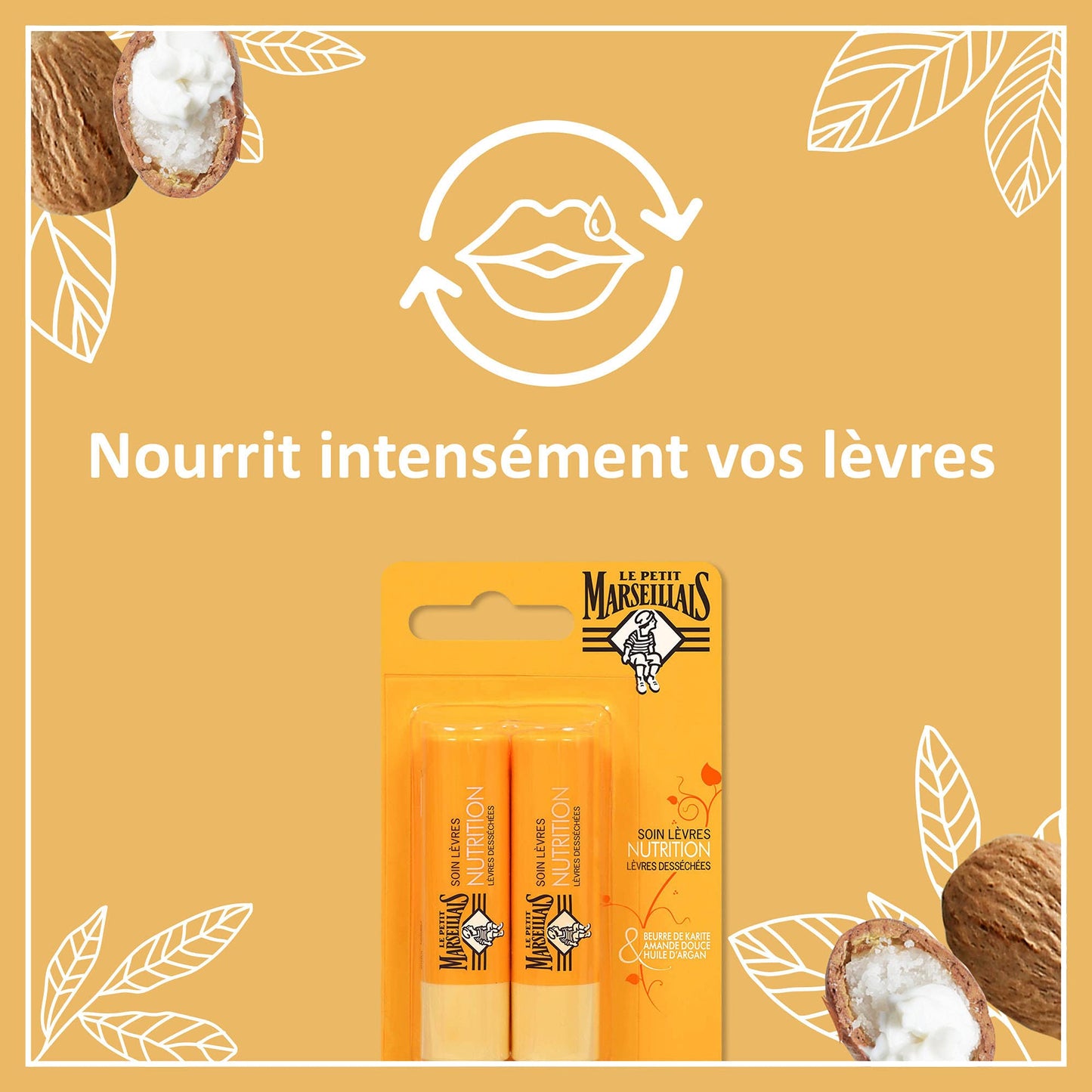 Le Petit Marseillais - Soin Lèvres Nutrition Lèvres Desséchées (2 tubes de 4,9 g) - Baume à lèvres au beurre de karité, amande douce et huile d'argan Beauty and Personal Care Le Petit Marseillais