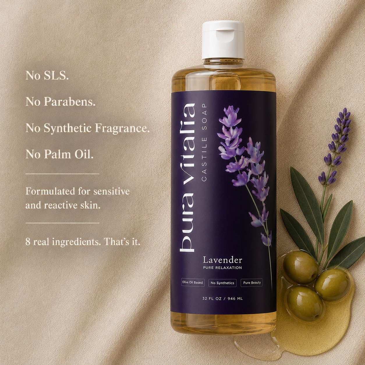 Pura Vitalia Lavender Organic Castile Soap Body Wash | Made with Organic Aloe Vera for Sensitive & Dry skin | No SLS, Parabens, or Synthetic Fragrance Beauty & Personal Care Pura Vitalia