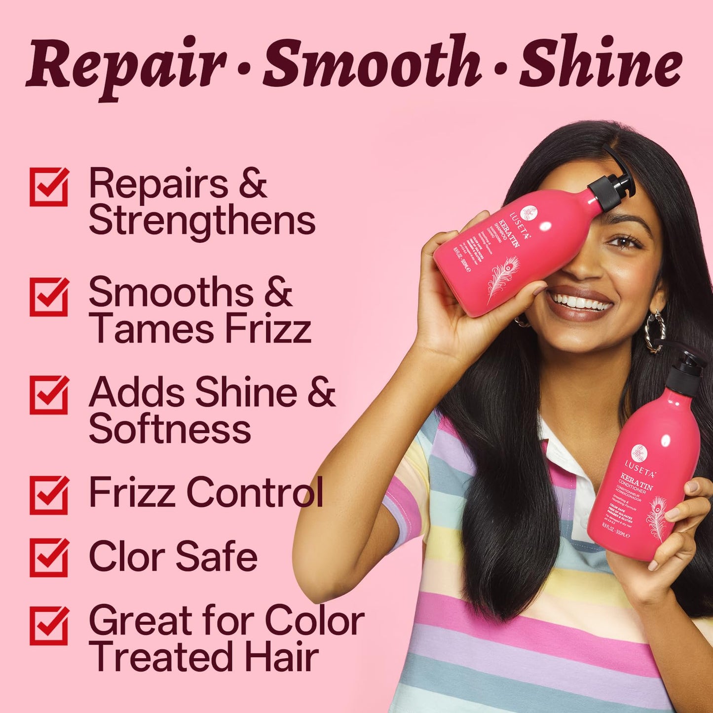 Luseta Keratin Shampoo and Conditioner Set Moisturizing Treatment for Dry Hair Smooth & Repair Damaged Hair for Women Sulfate Free 16.9 oz Beauty & Personal Care L LUSETA