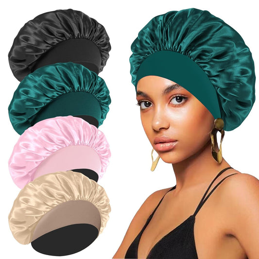 4PCS Silk Satin Bonnets for Black Women & Men - Elastic Wide Band Hair Wrap Cap for Curly Hair - Shower Cap for Sleeping (Black, Peacock Blue, Pink Beauty and Personal Care FIRSTPELLA Default Title