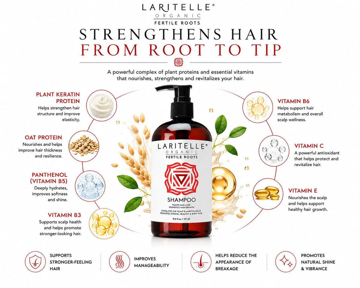 Laritelle Organic Hair Growth Shampoo 17.5 oz - Fortifying & Strengthening with Ayurvedic Herbs, Lavender, Ginger, Rosemary, Patchouli, Clove -
