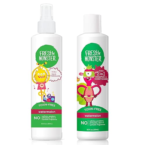 Fresh Monster Kids Hair Detangler Spray & 2-in-1 Shampoo & Conditioner Combo, Toxin-Free, Hypoallergenic & Natural, Watermelon (8.5 oz Detangler & 8.5 Beauty & Personal Care Fresh Monster