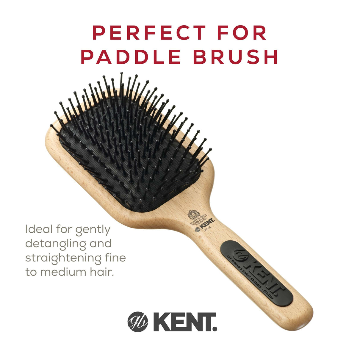 Kent PF18 Medium Cushion Paddle Brush - Detangling for Fine, Long, Thick and Curly Hair, Scalp Massager and Growth Stimulator, Wet or Dry Use. Made in