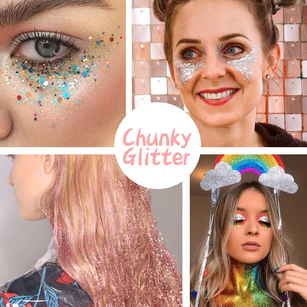 45 Holographic Chunky Sequins & Fine Powder Glitter Mix, Iridescent Glitter Flakes for Face, Body, Eye, Nail Art & Resin Epoxy Beauty & Personal Care Estanoite