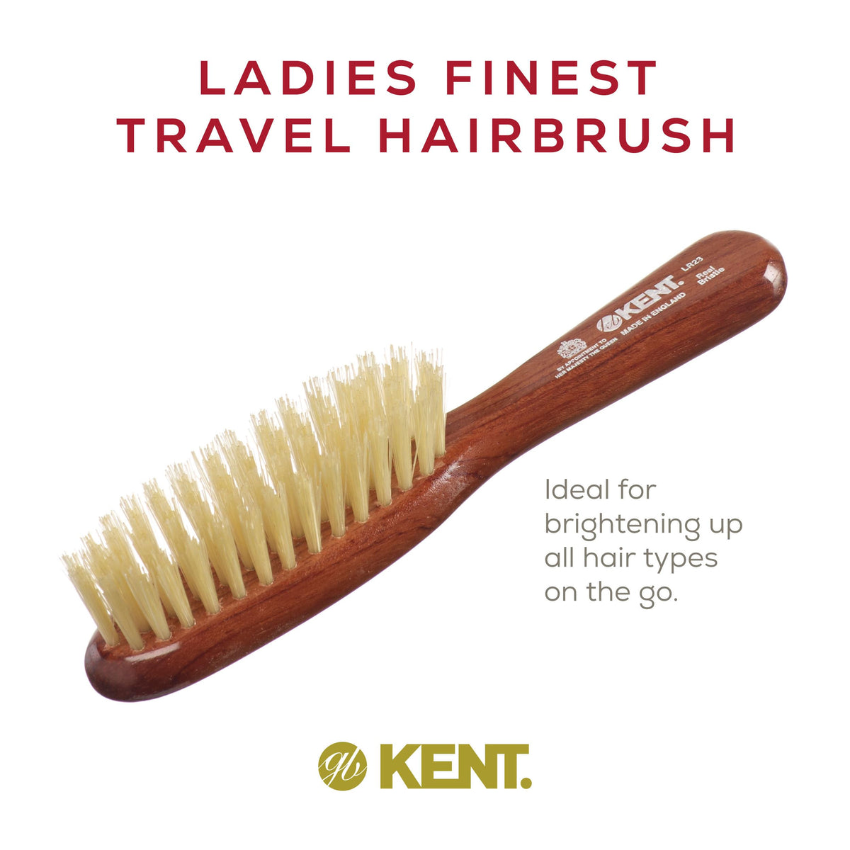 Kent LR23 Finest Ladies Narrow Style, Danta Wood, Pure White Bristle Hair Brush - Short to Medium Length Hair, Handbag Sized, Made in England