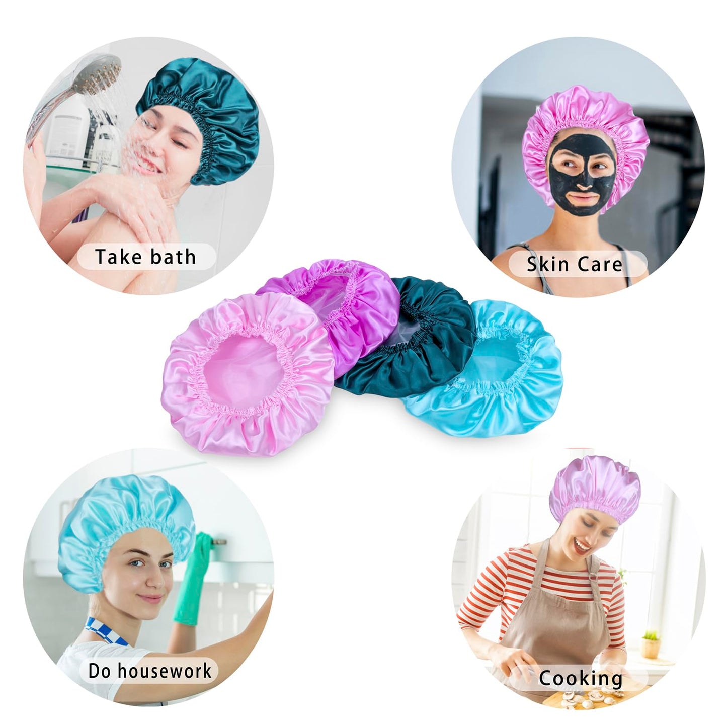 Shower Caps for Women, 4 PCS Elastic and Reusable Bath Caps, Double Waterproof Layers Shower Cap, Bathing Shower Caps, Environmental Protection Hair Beauty and Personal Care CHFONG