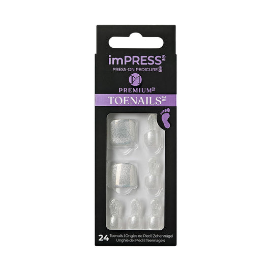KISS Impress Premium No Glue Pedi Press-On Toenails, Sparkling White Silver, Silver Glitter, Squoval Shape, Includes 24 Nails, Prep Pad, 1 Manicure