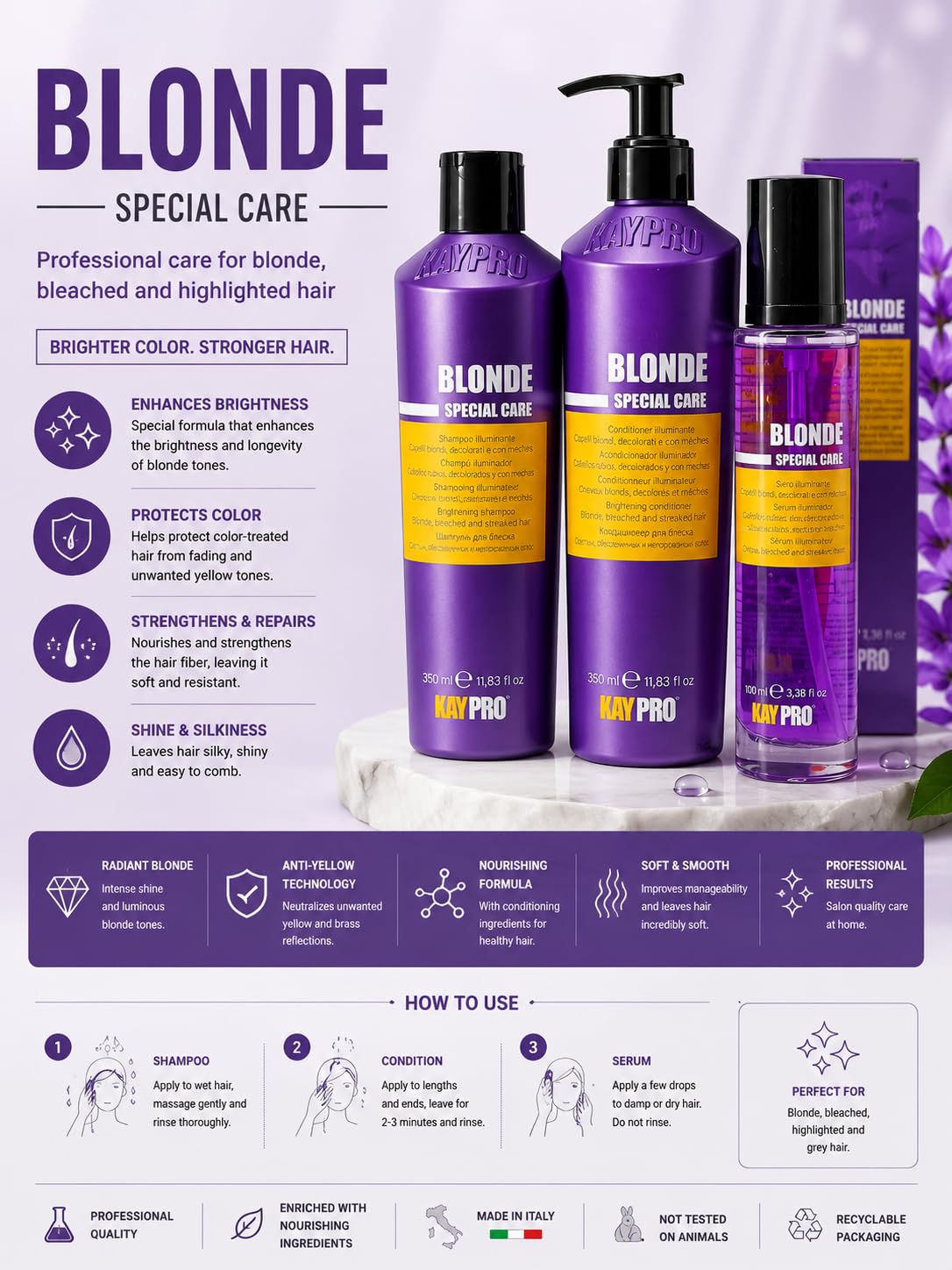 KAYPRO Special Care Blonde Hair Set Shampoo 350ml + Conditioner 350ml + Serum 100ml - Italian (Hair Care Set for Blonde Hair, Tone Protection Beauty & Personal Care KAYPRO