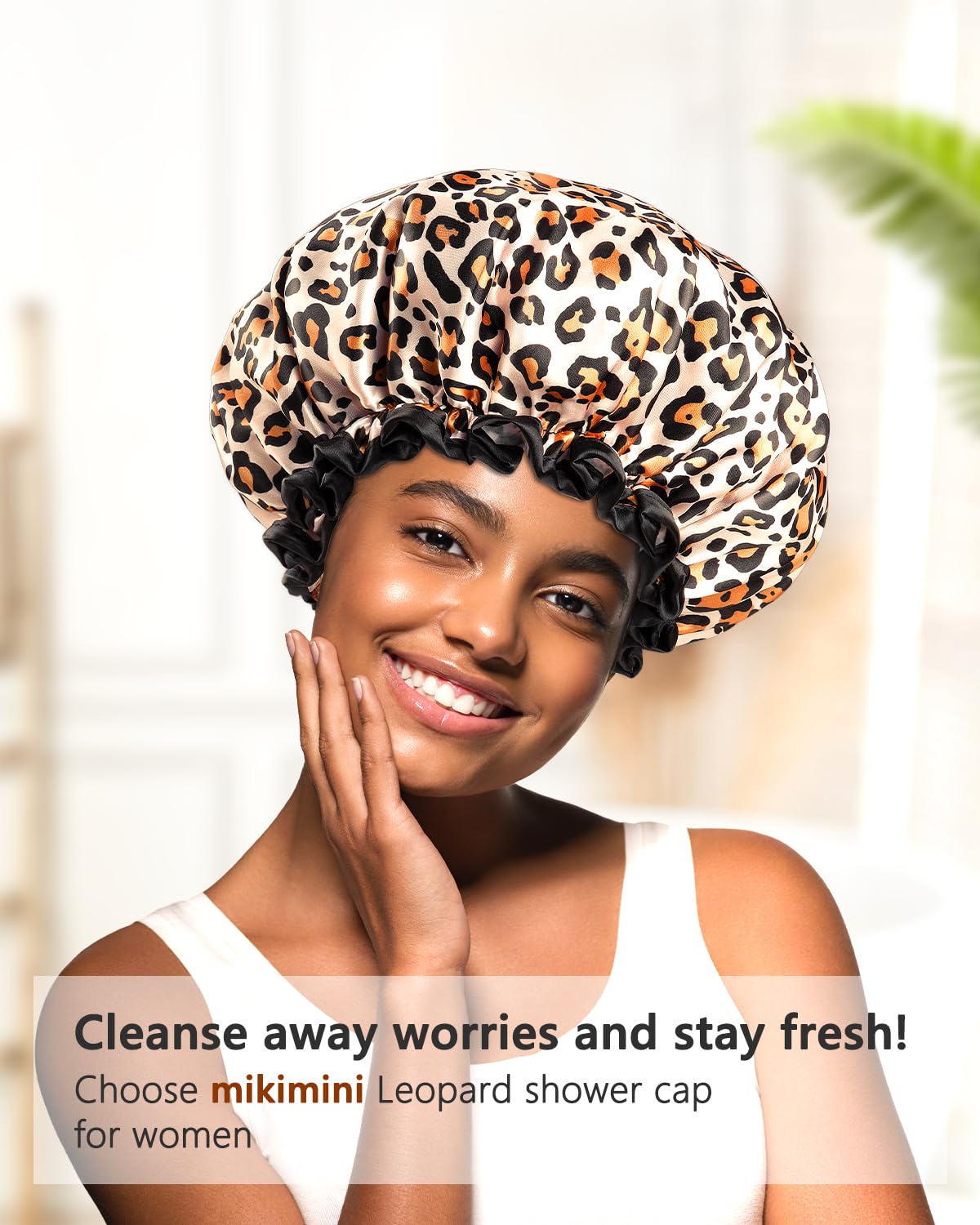 mikimini Medium Shower Cap for Girls and Women,Leopard Stylish Shower Caps with Black Lace,Reusable Waterproof Bathing Shower Hat for Girls Beauty & Personal Care mikimini