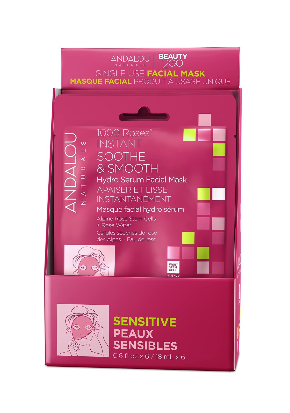 Andalou Naturals 1000 Roses Instant Soothe & Smooth Hydro Serum Facial Sheet Mask, Sensitive, Non GMO, 0.6 Fluid Ounces (Pack Of 6)