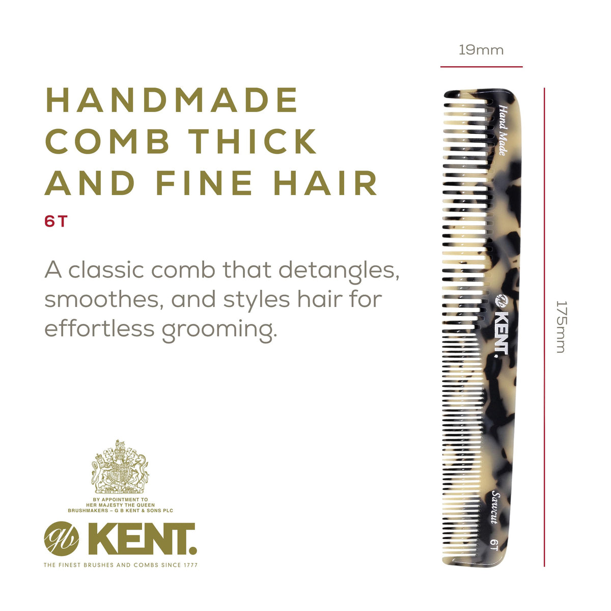 Kent 6T TW Fine Tooth and Wide Tooth Hair Comb, Handmade Styling Comb for Hair Care, Barber Combs, Beard Combs For Men, Styling Grooming for Men,