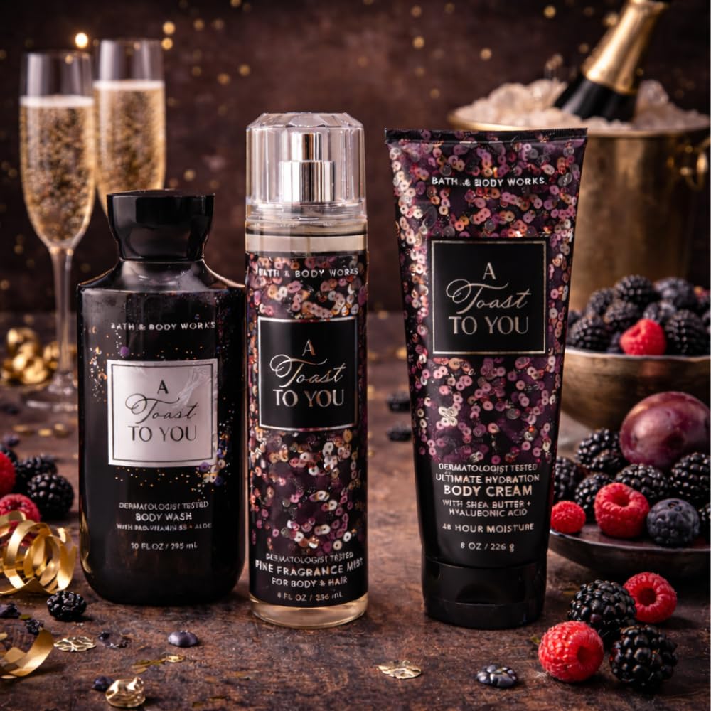 Bath & Body Works A TOAST TO YOU Fine Fragrance Mist, Ultimate Hydration Body Cream, and Body Wash 3pc Gift Set with 30-inch Silver Ribbon Bow Beauty and Personal Care Bath & Body Works