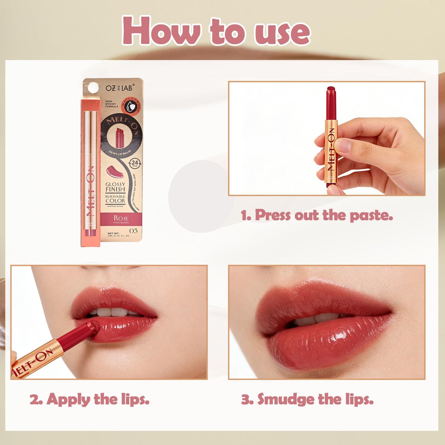 Oz Lab Beauty Melt On Dewy Lip Balm - Rose Hue, Hydrating Click-Up Lip Moisturizer, Cruelty-Free, 0.21FL.OZ/6ML?pack of 1 Beauty and Personal Care OZ LAB