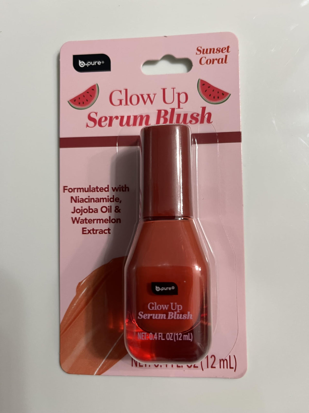 B.pure Glow Up Serum Blush, Sunset Coral, with Niacinamide, Jojoba Oil & Watermelon Extract, 0.4 FL OZ
