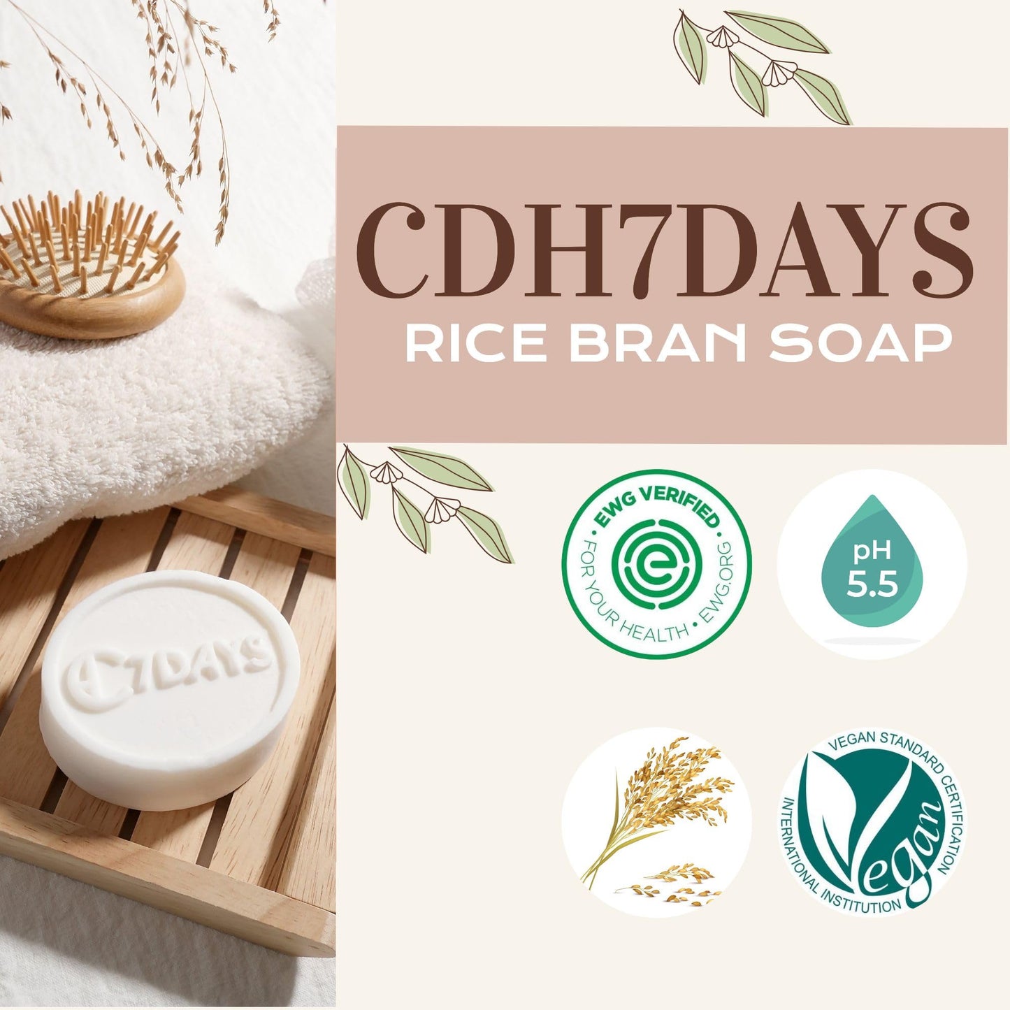 CDH7DAYS Rice Bran Soap Bar for Teens, EWG Verified & Vegan, Low pH 5.5-6.0, Korean Handmade Natural Body Soap, Unscented, Plant-Based Gentle Beauty & Personal Care CDH7DAYS Soap that Resembles Nature