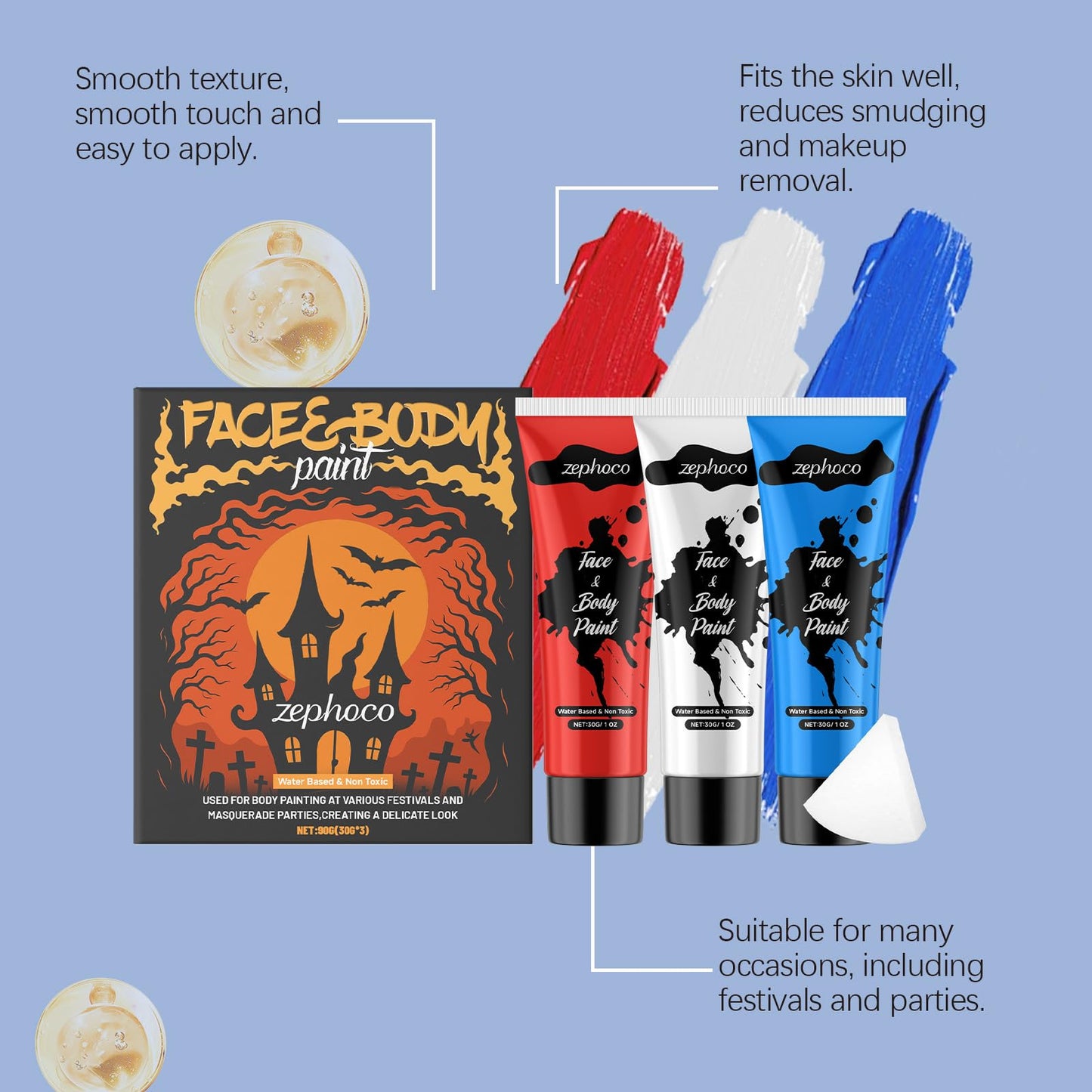 bobojuju Red White Blue Face Body Paint Set, 30g×3 Water-Based High Pigment Makeup, Safe for Sensitive Skin, Perfect for Halloween SFX Cosplay Clown Beauty & Personal Care bobojuju