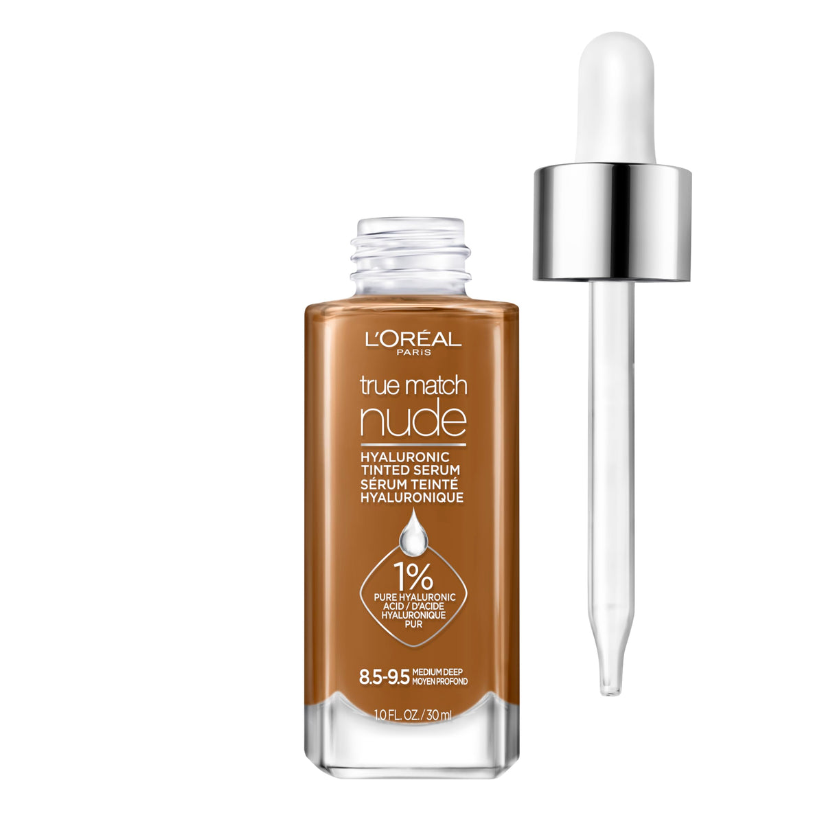 L'Oreal Paris True Match Nude Hyaluronic Tinted Serum Foundation with 1% Hyaluronic acid, Medium Deep 8.5-9.5, 1 fl. oz.