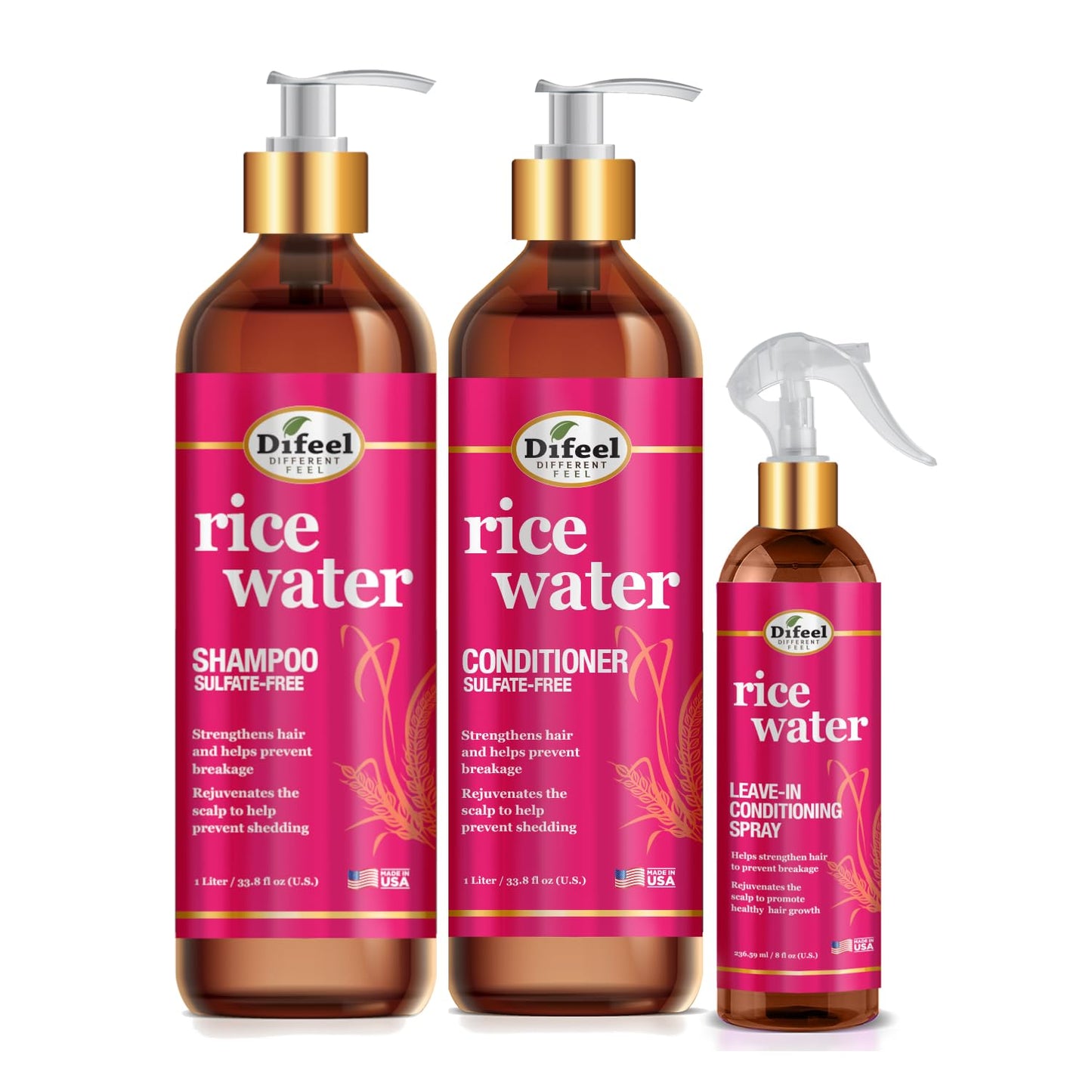 Difeel Rice Water Hair Care 3PC Shampoo & Conditioner & Leave in Set - Includes 33.8oz Shampoo, 33.8oz Conditioner, 8oz Leave in Spray Beauty & Personal Care Difeel