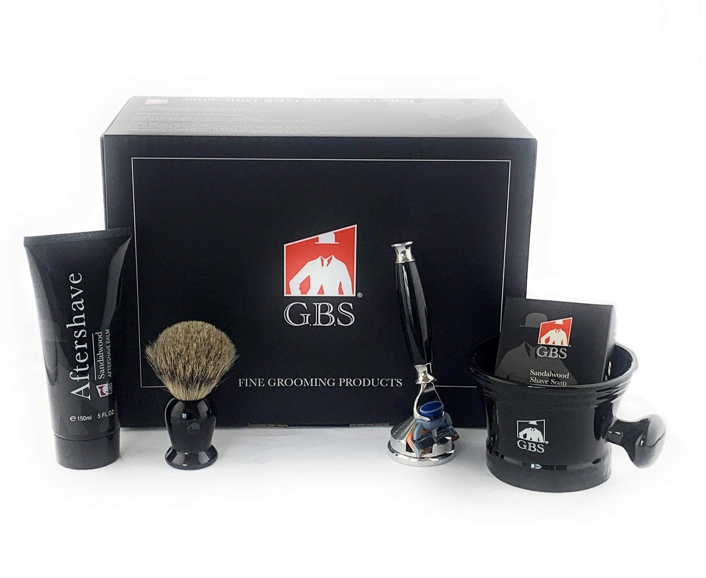 G.B.S Men’s Shaving Set, Blade Razor, Ceramic Black Shaving Mug, Badger Shaving Brush, Sandalwood Aftershave, Shaving Soap and Razor Cone Stand, Black Beauty and Personal Care G.B.S