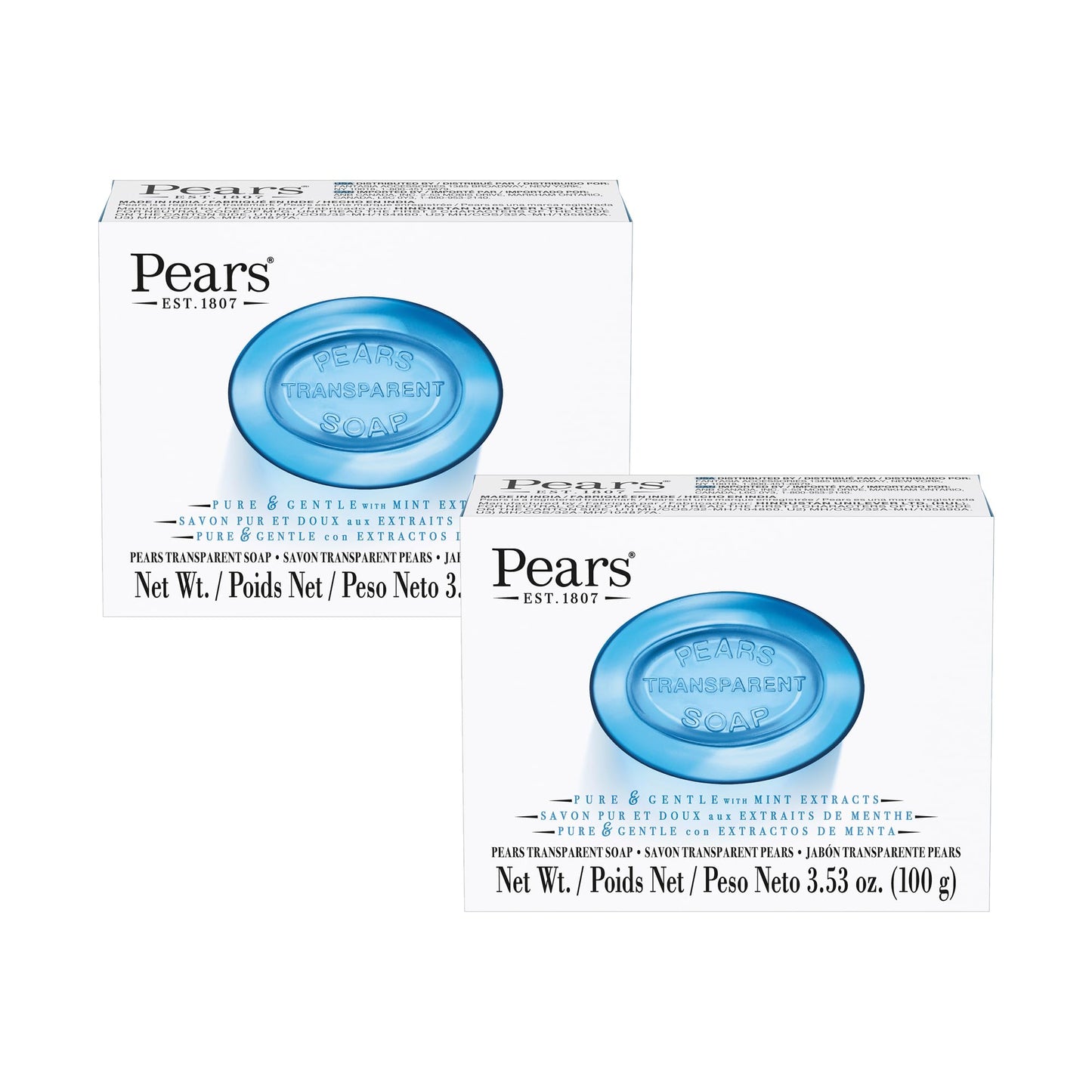 Pears Pure and Gentle with Glycerin and Mint Extracts - Transparent Soap Bar for Radiant Skin - Bar Soap for Women and Men - Blue - 2 pc Beauty & Personal Care Pears