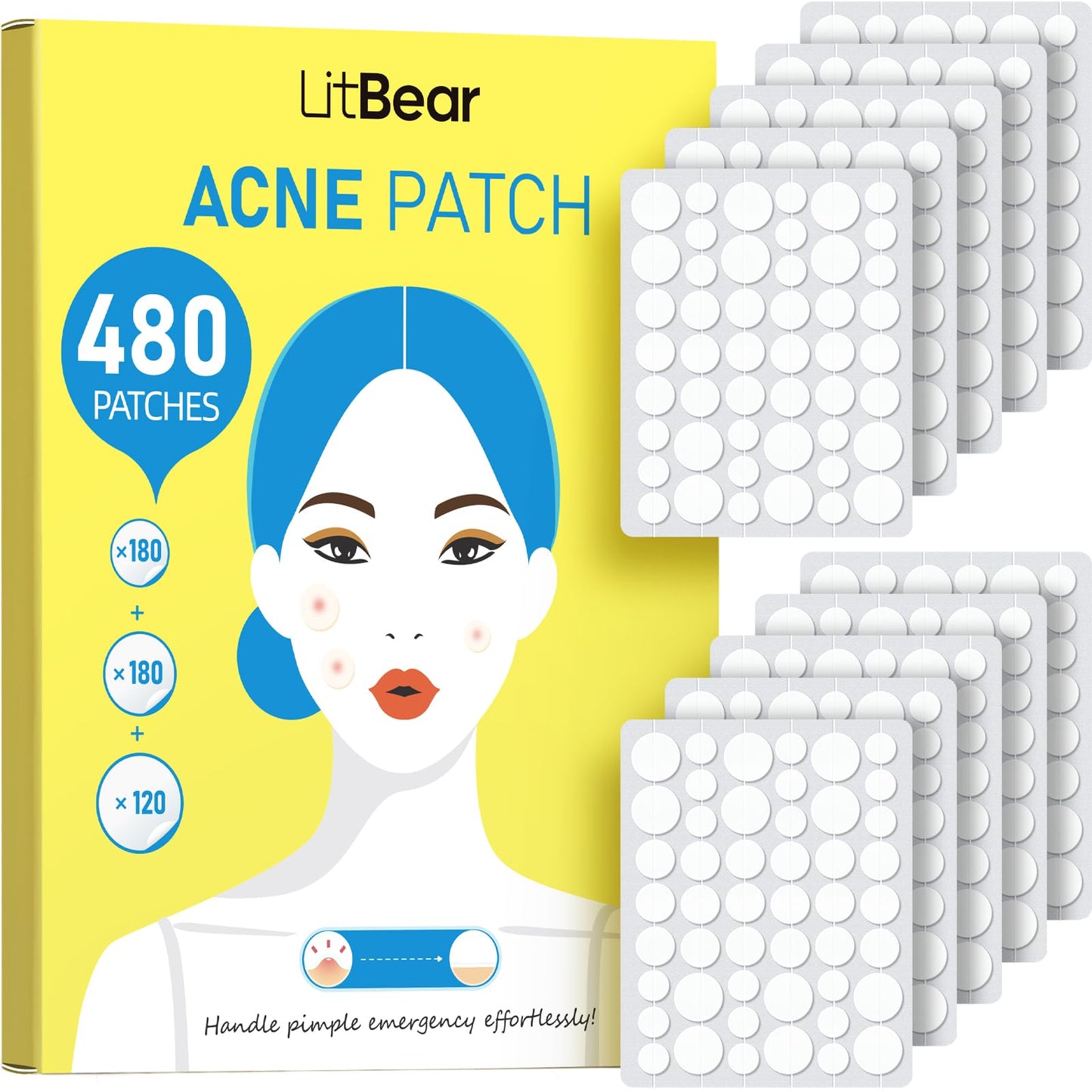 LitBear Pimple Patch Bulk, 480 Patches 3 Size Acne Patches for Face, Hydrocolloid Spot Stickers for Covering Zits, Blemishes, and Breakouts, Suitable Beauty and Personal Care LitBear Default Title