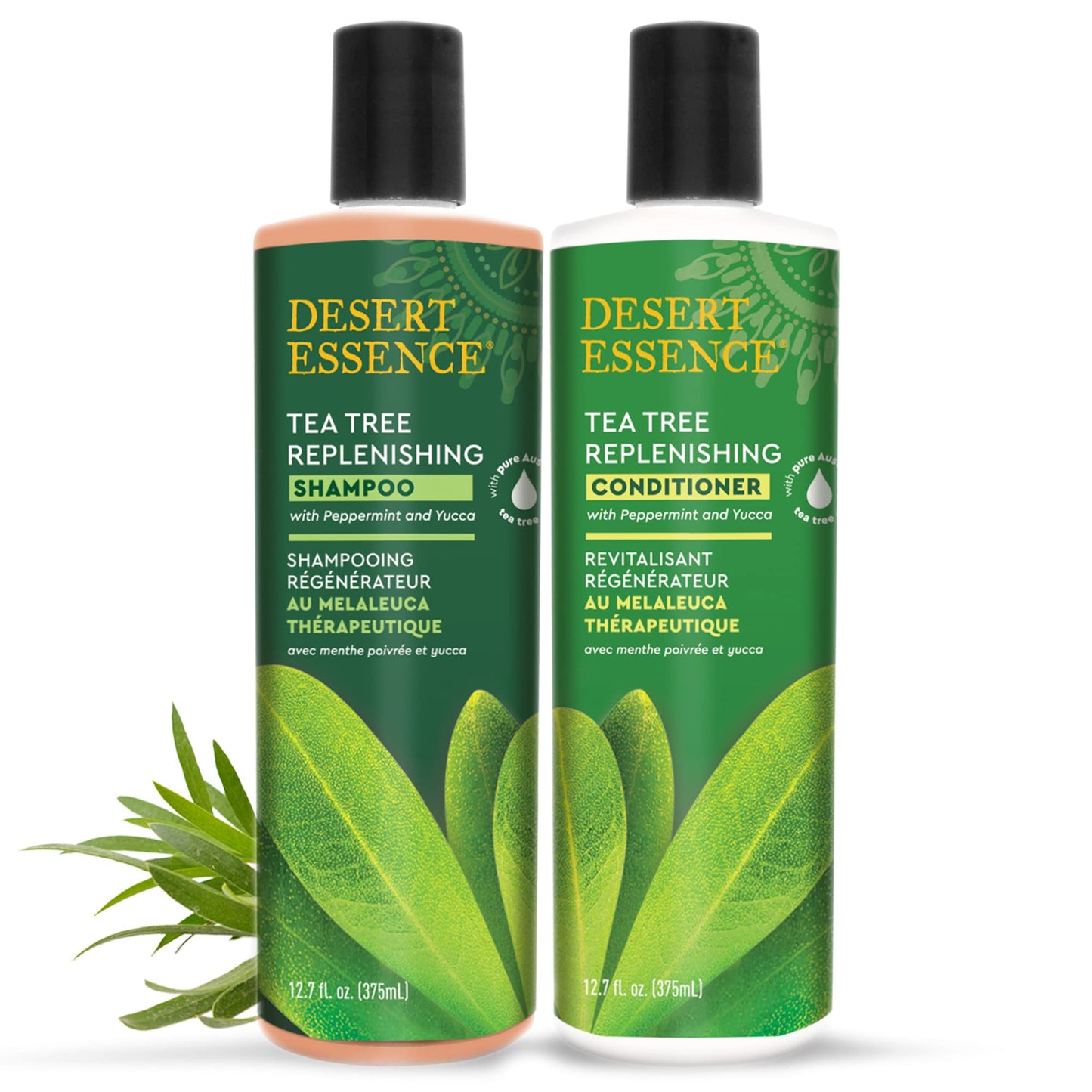 Desert Essence Tea Tree Replenishing Shampoo and Conditioner Bundle - 12.7 Fl Ounce - Therapeutic - Peppermint & Yucca - All Skin Types - Tea Tree Oil Beauty & Personal Care Desert Essence