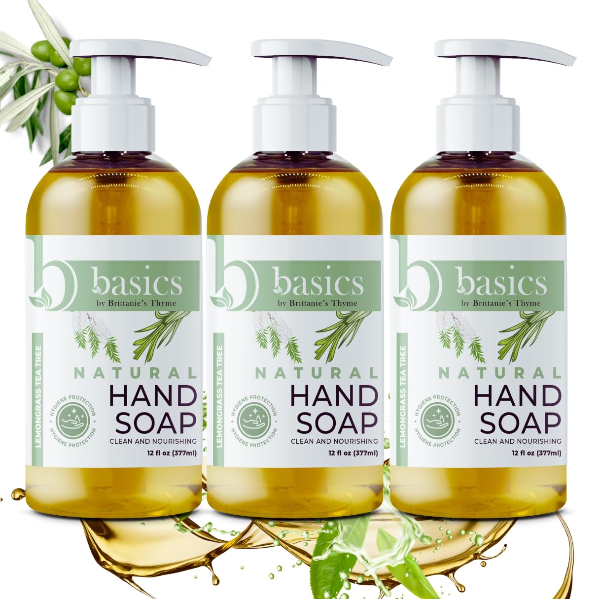 Brittanie's Thyme Basics Natural Olive Oil Hand Soap, Lemongrass Tea Tree - 12 fl oz, Pack of 3 - Cruelty Free, Vegan, No Synthetic Additives, No Beauty & Personal Care Brittanie's Thyme