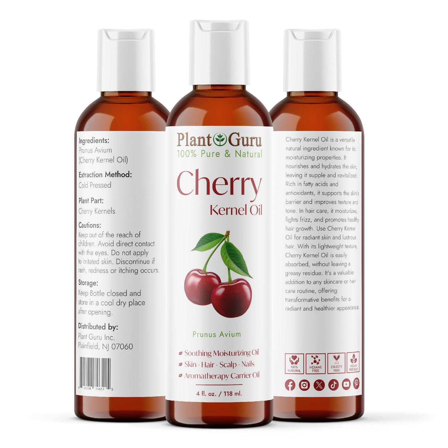 Plant Guru Cherry Kernel Oil 4 fl. oz. Cold Pressed 100% Pure & Natural Carrier - Skin, Face, Body & Hair Growth Moisturizer. Great for DIY Creams Beauty & Personal Care Plant Guru