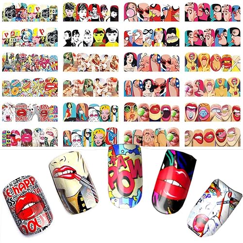Towenm 12 Sheets Nail Art Stickers Water Transfer Nail Decals for Nail Art, Trendy Marvel Nail Wraps, Sexy Lip Pop Star Nail Decals, Manicure Nail Beauty & Personal Care Towenm