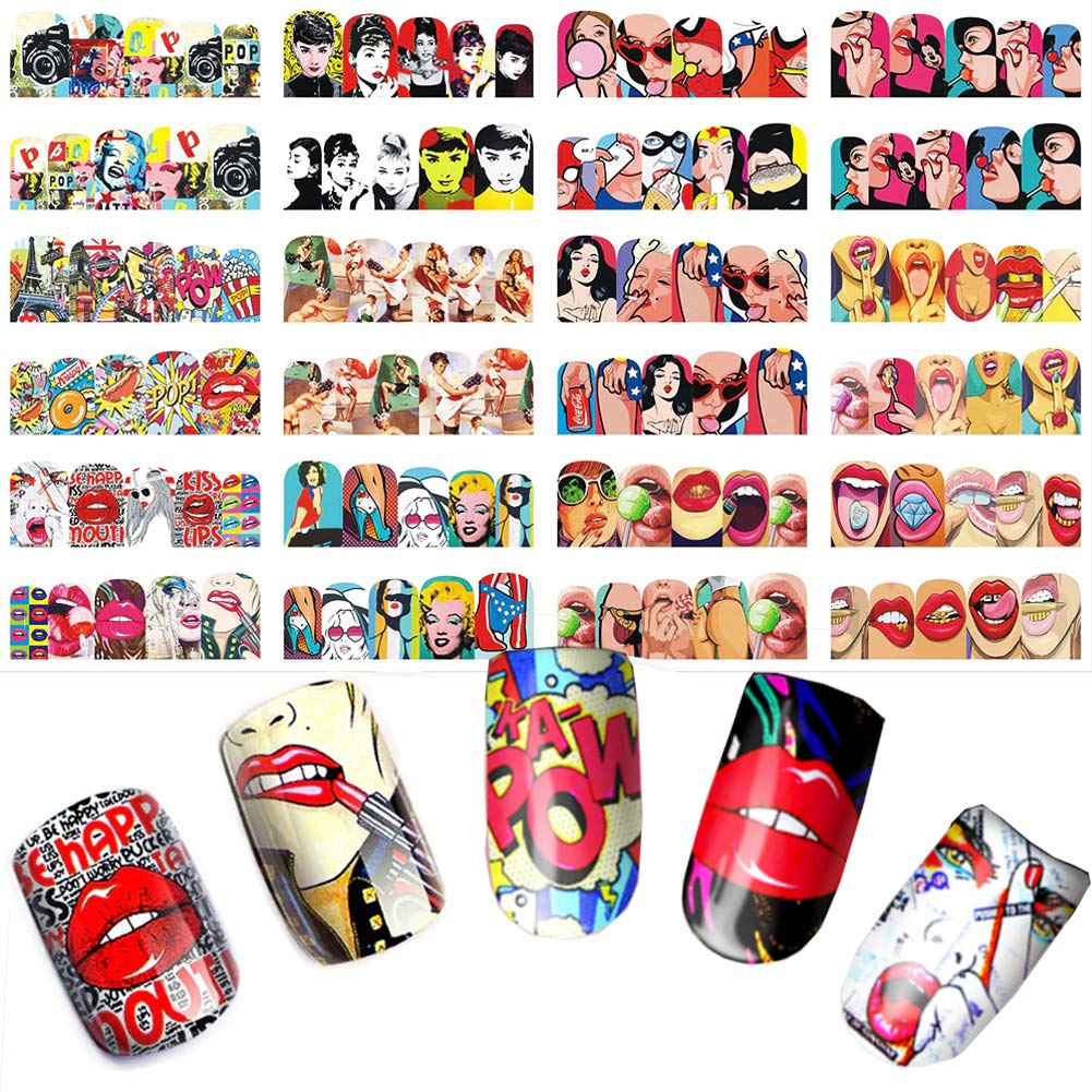 Towenm 12 Sheets Nail Art Stickers Water Transfer Nail Decals for Nail Art, Trendy Marvel Nail Wraps, Sexy Lip Pop Star Nail Decals, Manicure Nail Beauty & Personal Care Towenm