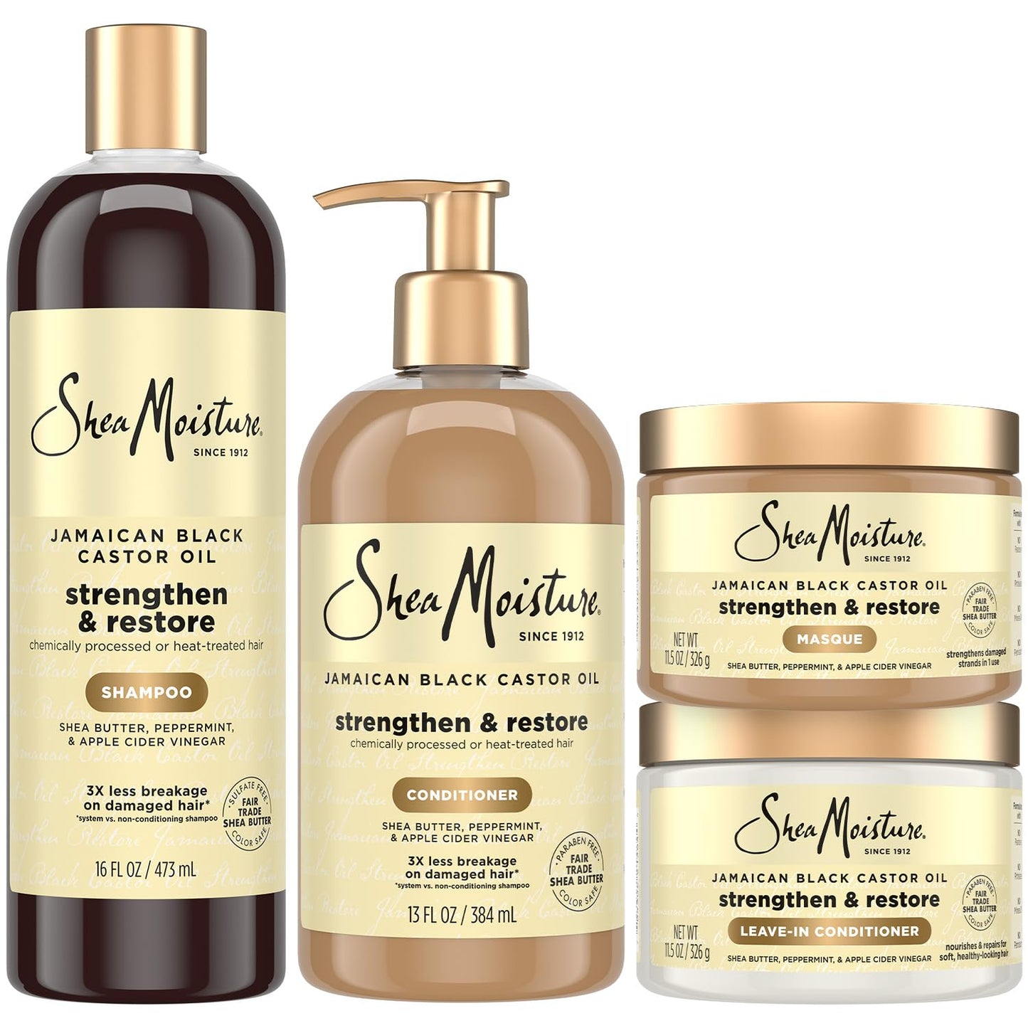SheaMoisture Jamaican Black Castor Oil Strengthen & Restore Hair Repair Shampoo, Conditioner, Masque + Leave-In Conditioner Bundle Beauty & Personal Care SheaMoisture