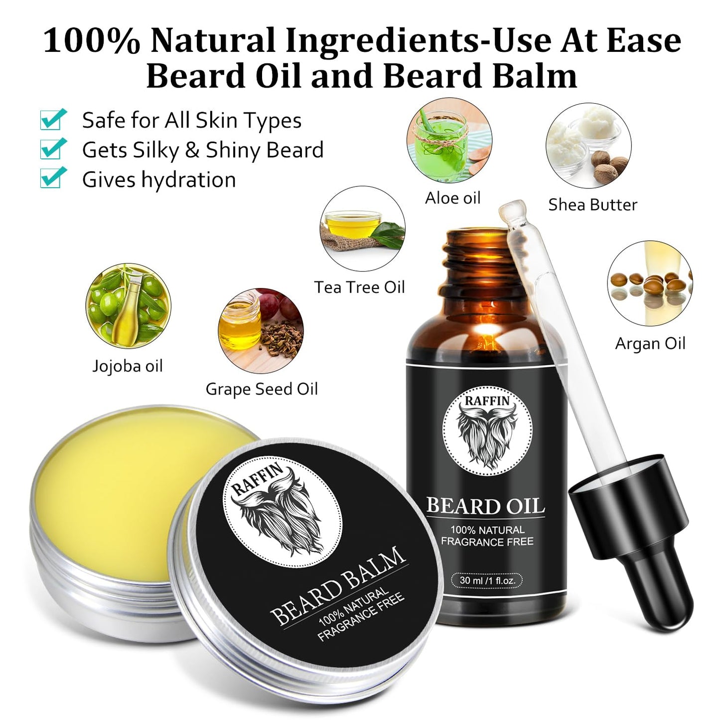 RAFFIN Beard Kit with Natural Ingreidents Beard Oil, Beard Balm, Beard Brush, Beard Comb, Men's Self-care Gifts Set, Christmas & Birthday Gift Beauty and Personal Care RAFFIN