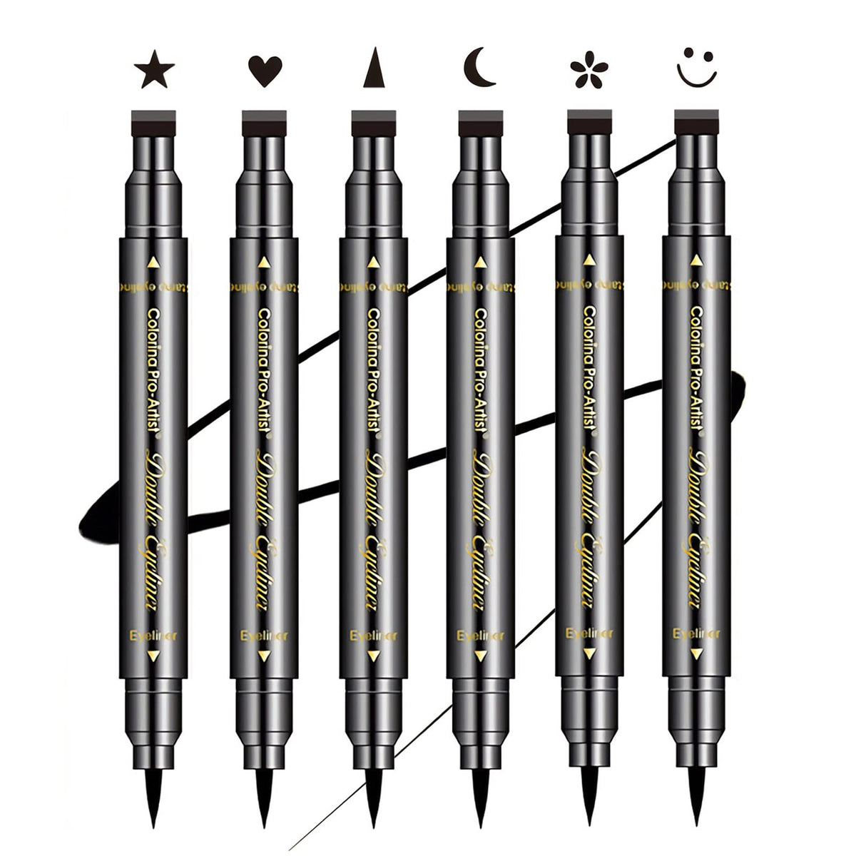 SUMEITANG 6 Pcs Double-headed Eyeliner Stamps Set Black Liquid Eye Liner Pen With Star,Moon,Heart,Flower,Smiley,Triangle Stamp Stencils Shapes Beauty & Personal Care SUMEITANG