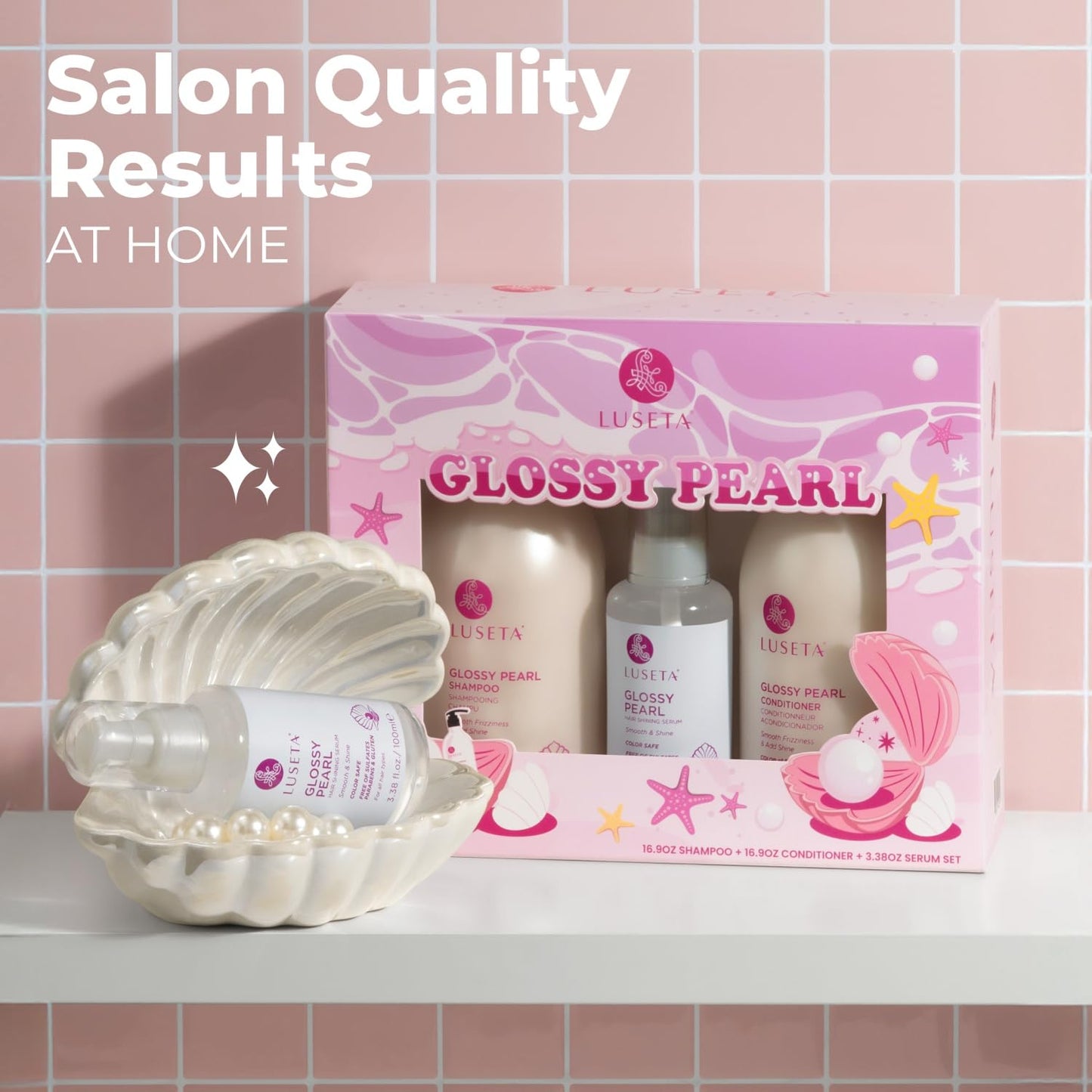 Luseta Glossy Pearl Trio Hair Care Set Smoothing & Moisturizing Shampoo and Conditioner Hydrating Hair Oil Detangle,Nourish Strands Add Shine Beauty & Personal Care L LUSETA