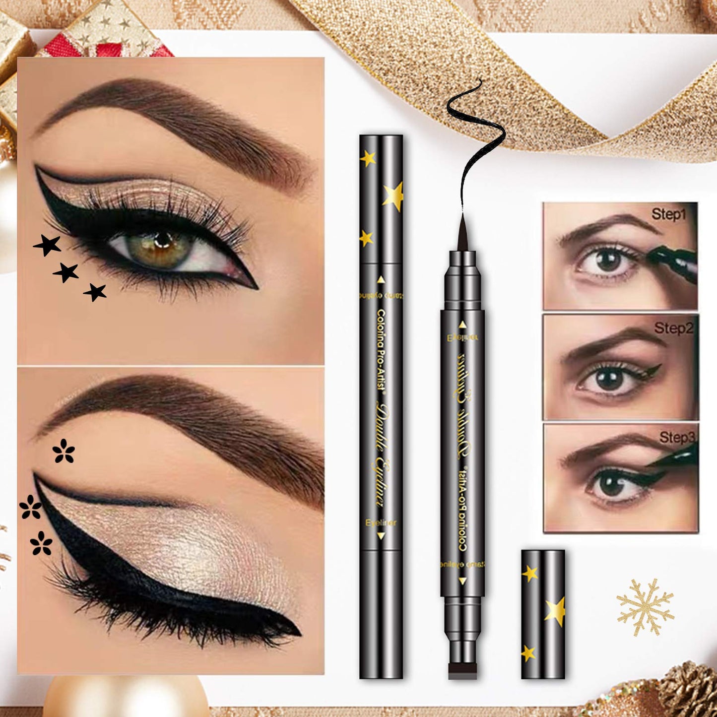 Erinde 6PCS Double-headed Eyeliner Stamp Pen Set, Black Stencil, Winged Eyeliner Tattoo Tool, Star Moon Heart Eye Makeup Beauty & Personal Care Erinde