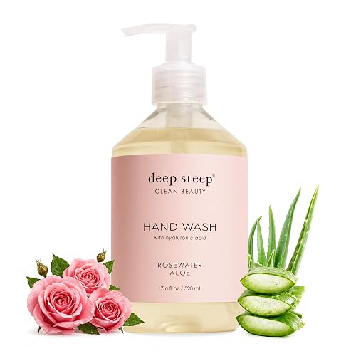 Deep Steep Liquid Hand Wash, Rosewater Aloe, 17.6 oz - Moisturizing Cleanser with Olive Oil, Aloe Vera, Glycerin & Hyaluronic Acid - Vegan, Clean Beauty & Personal Care Deep Steep