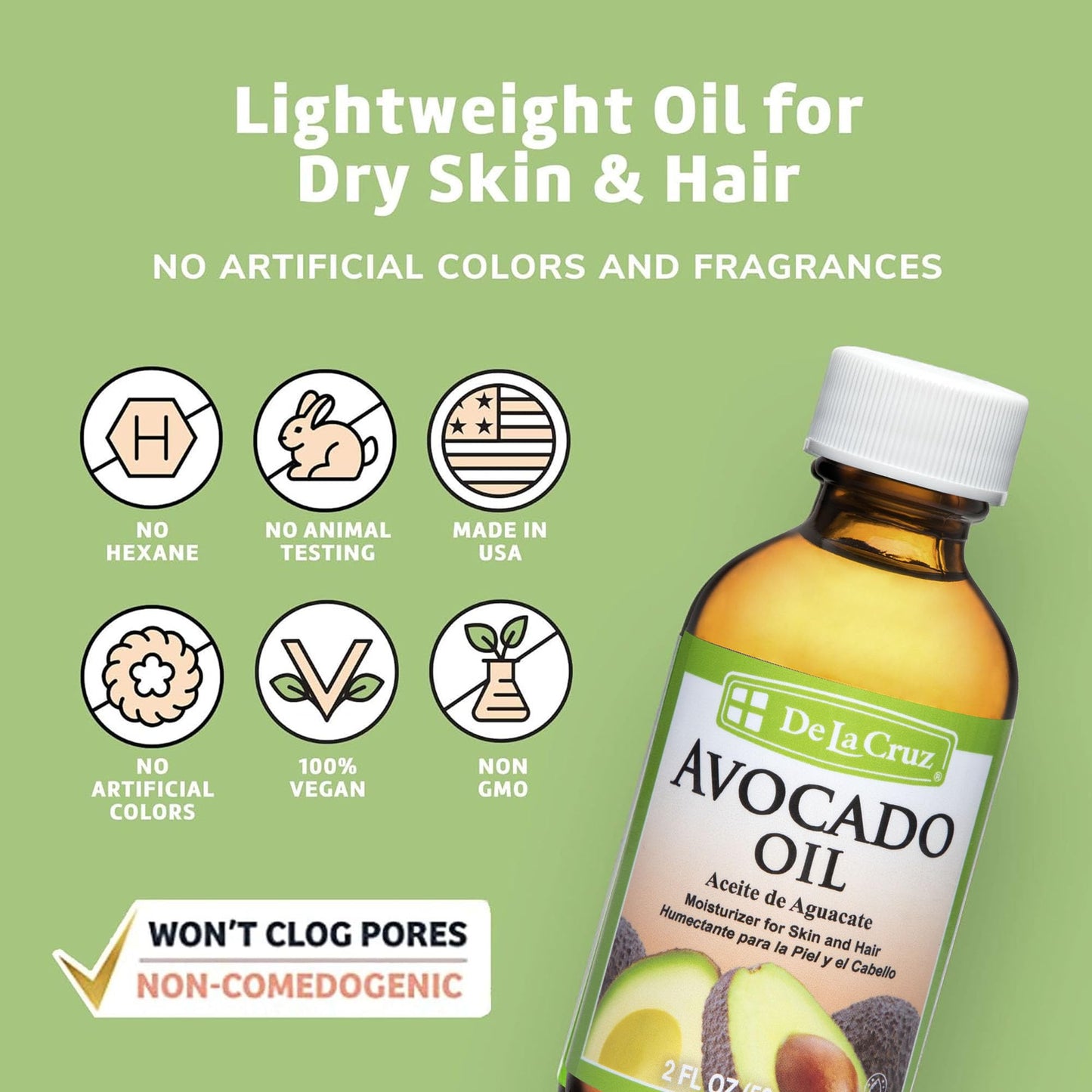 De La Cruz Avocado Oil - Expeller Pressed Pure 100% Avocado Oil for Hair and Body - Lightweight Body Oil for Dry Skin 2 FL. OZ Beauty & Personal Care De La Cruz