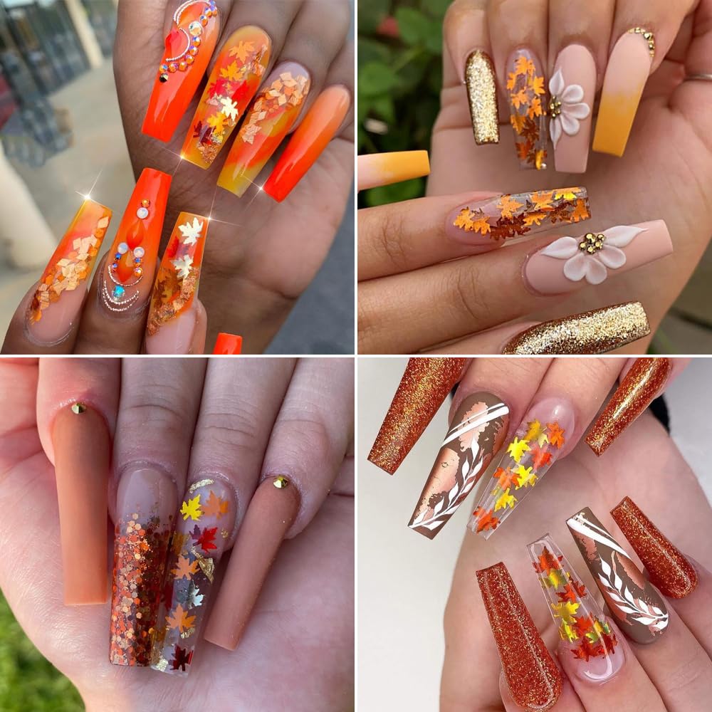 Fall Nail Art, 6 Boxes Fall Leaves Nail Glitters 3D Gold Maple Leaf Nail Sequins with Glitter Powder Gold Yellow Red Autumn Leaves Nail Art Flakes Beauty & Personal Care Qdsuh