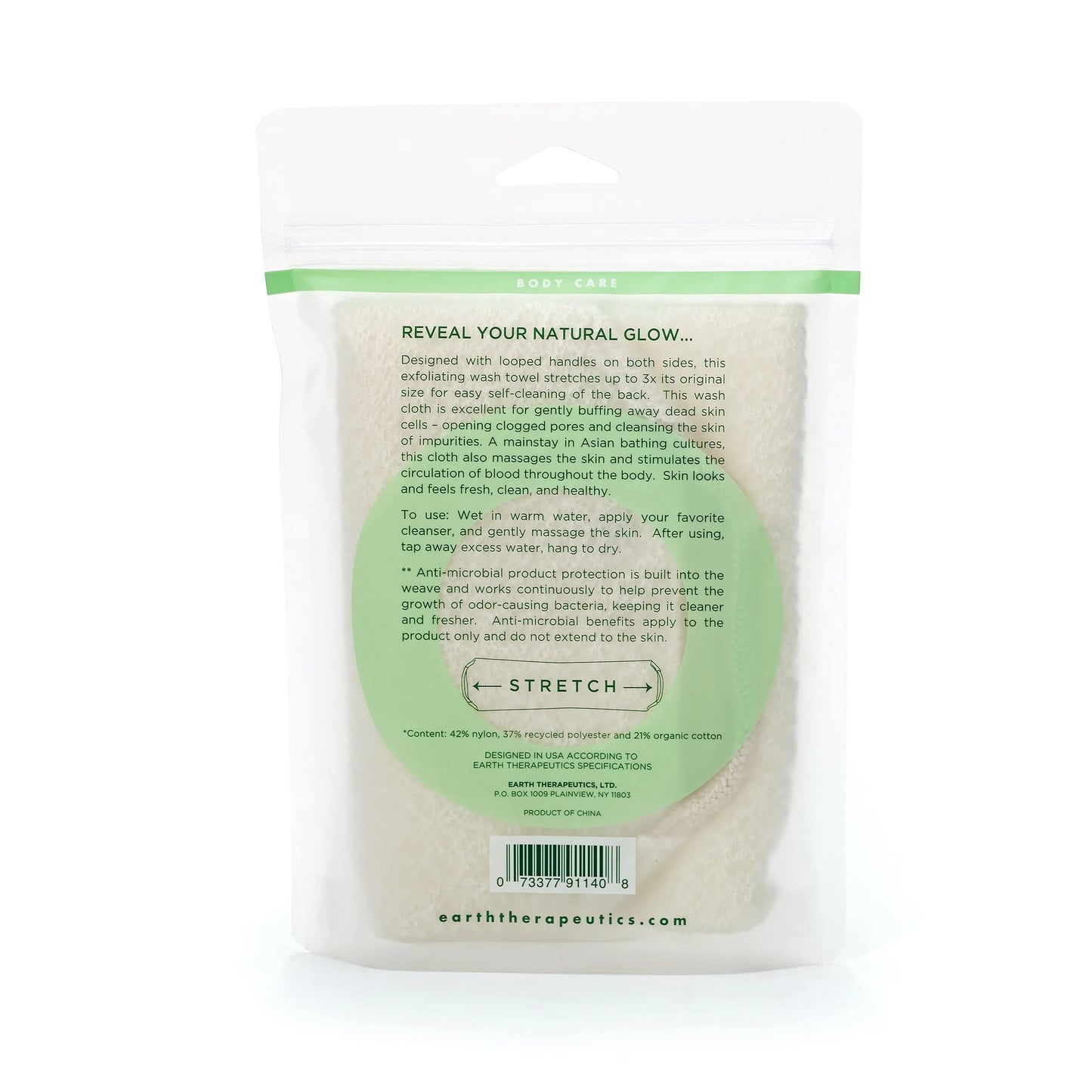 Earth Therapeutics Organic Cotton Exfoliating Wash Towel with Straps Beauty and Personal Care Earth Therapeutics