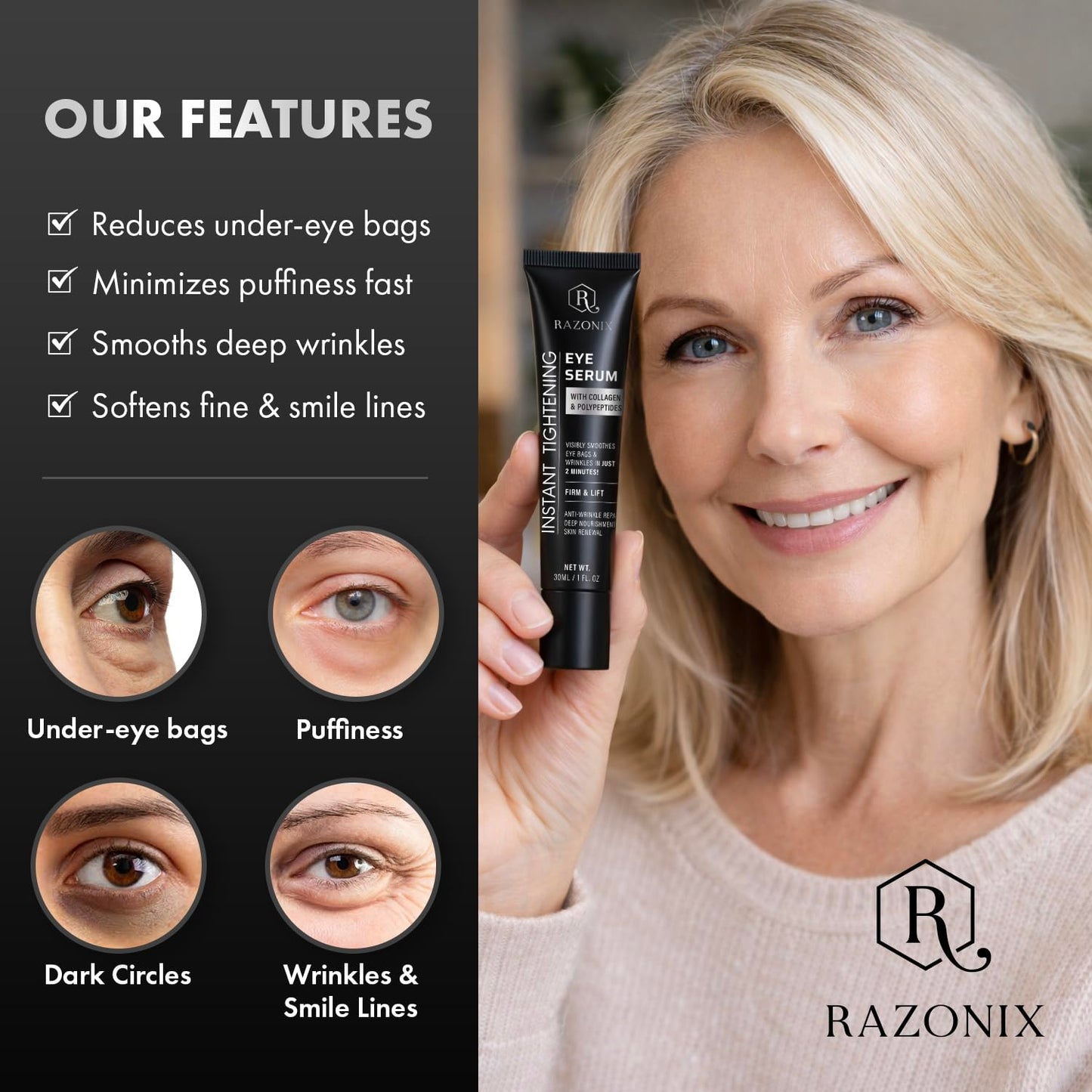 RAZONIX Instant Eye Tightening and Lifting Serum for Under Eye Bags, Puffiness, Dark Circles, and Hooded, Droopy Eyelids, with Caffeine and Hyaluronic Beauty and Personal Care RAZONIX