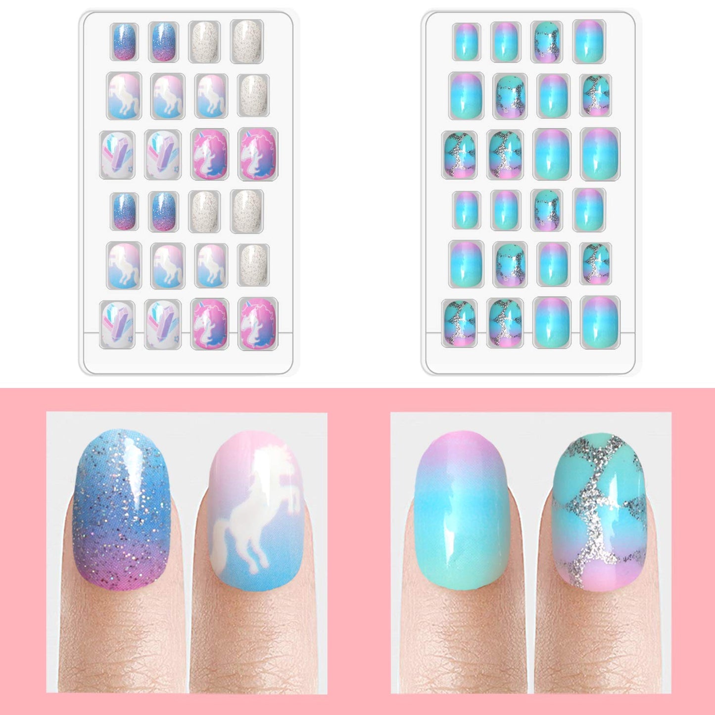 Laza 120pcs Children Nails Press On Pre-glue Full Cover Nail Tips Kit Glitter Gradient Color Rainbow Short Artificial False Nail Kits Lovely Christmas Beauty & Personal Care Laza