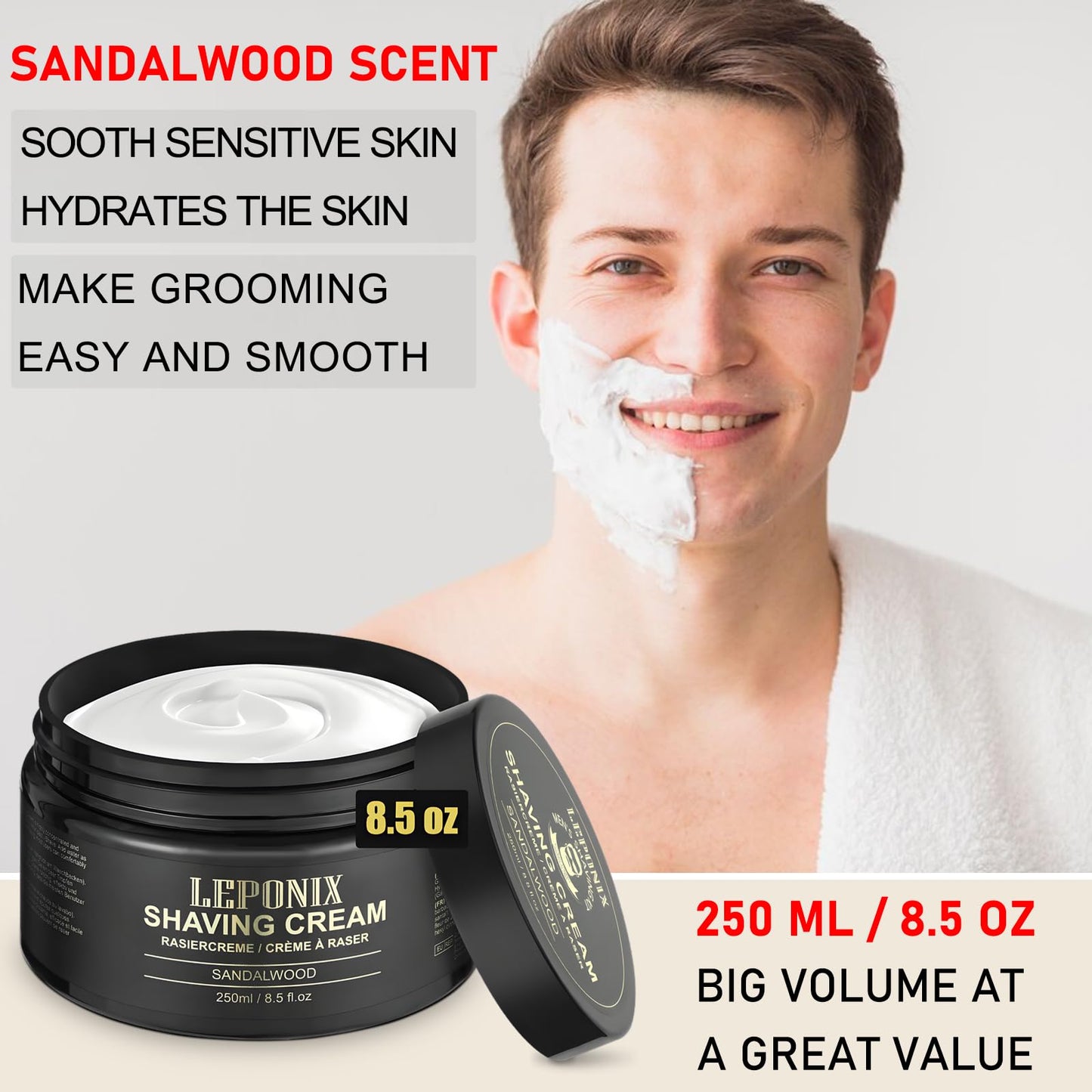 Shaving Cream Mens - 8.5oz Extra Large Shave Cream - Rich Lather Prevents Razor Burn & Irritation, Moisturizes Dry Skin - Gentle Formula for Seniors Beauty and Personal Care LEPONIX