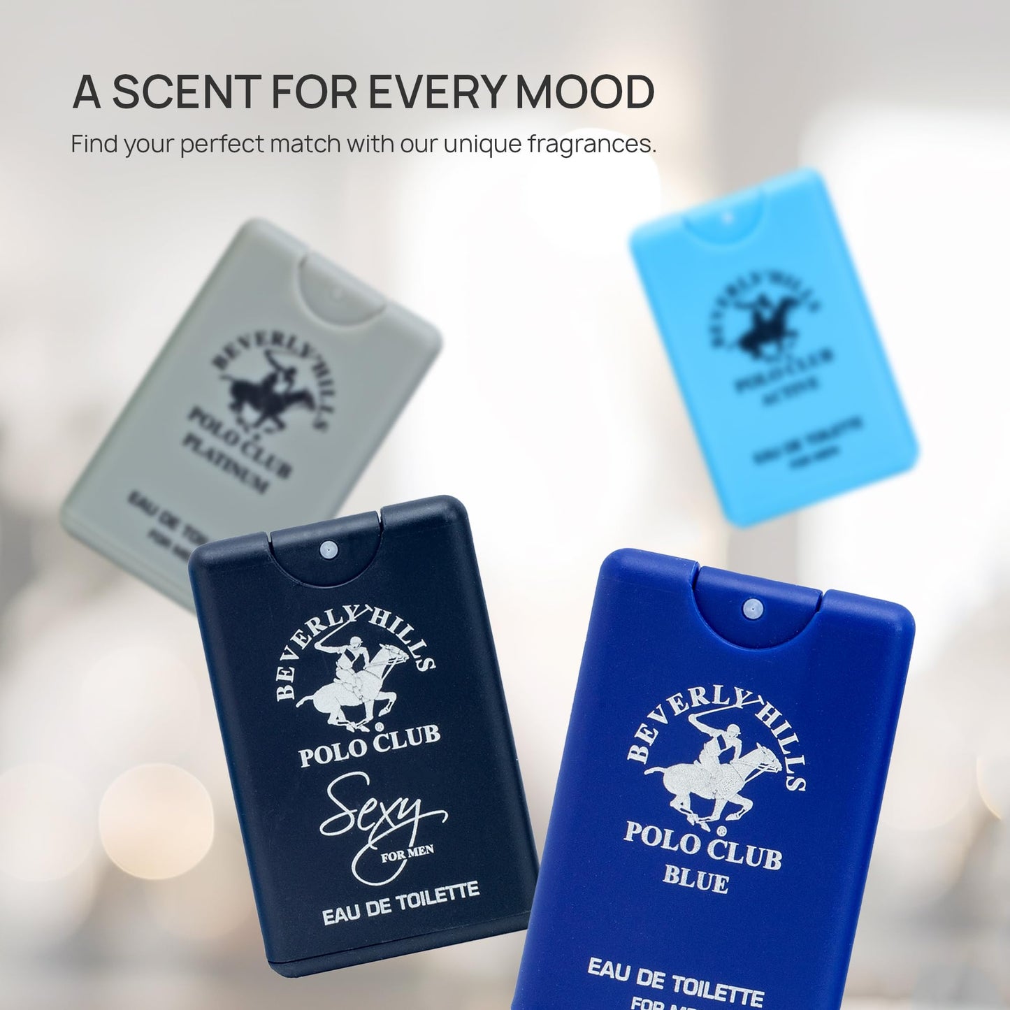 Beverly Hills Polo Club Men's 4-Piece Pocket Spray Set - Active, Sexy, Platinum, Blue EDT Collection Beauty & Personal Care Beverly Hills Polo Club