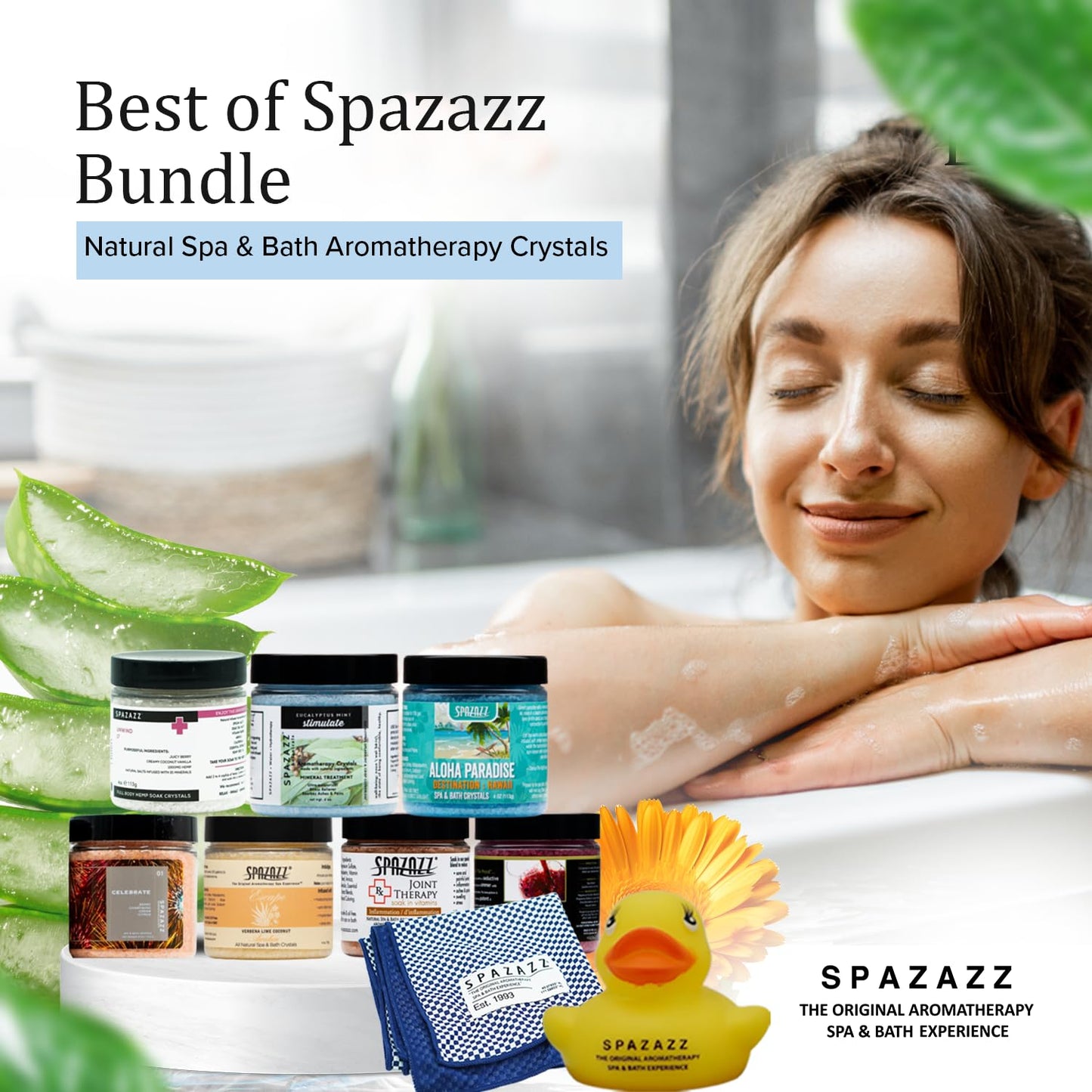 Spazazz Hot Tub Aromatherapy Gift Bundle- Seven- 4 Oz Spazazz Hot Tub Aromatherapy Bath Salt Crystals Sampler Jars Plus Hot/Cold Towel and Rubber Duck Beauty and Personal Care Spazazz