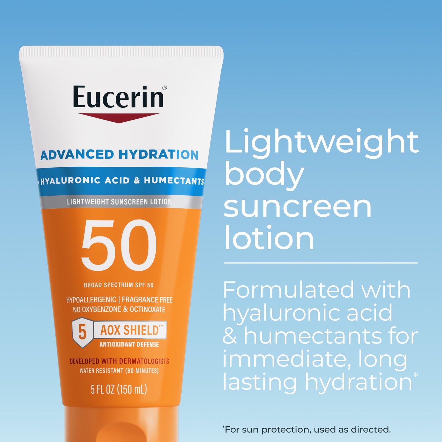 Eucerin Sun Advanced Hydration SPF 50 Sunscreen Lotion, Lightweight Sunscreen with Hyaluronic Acid and Humectants, Hypoallergenic, Fragrance Free, No Beauty & Personal Care Eucerin