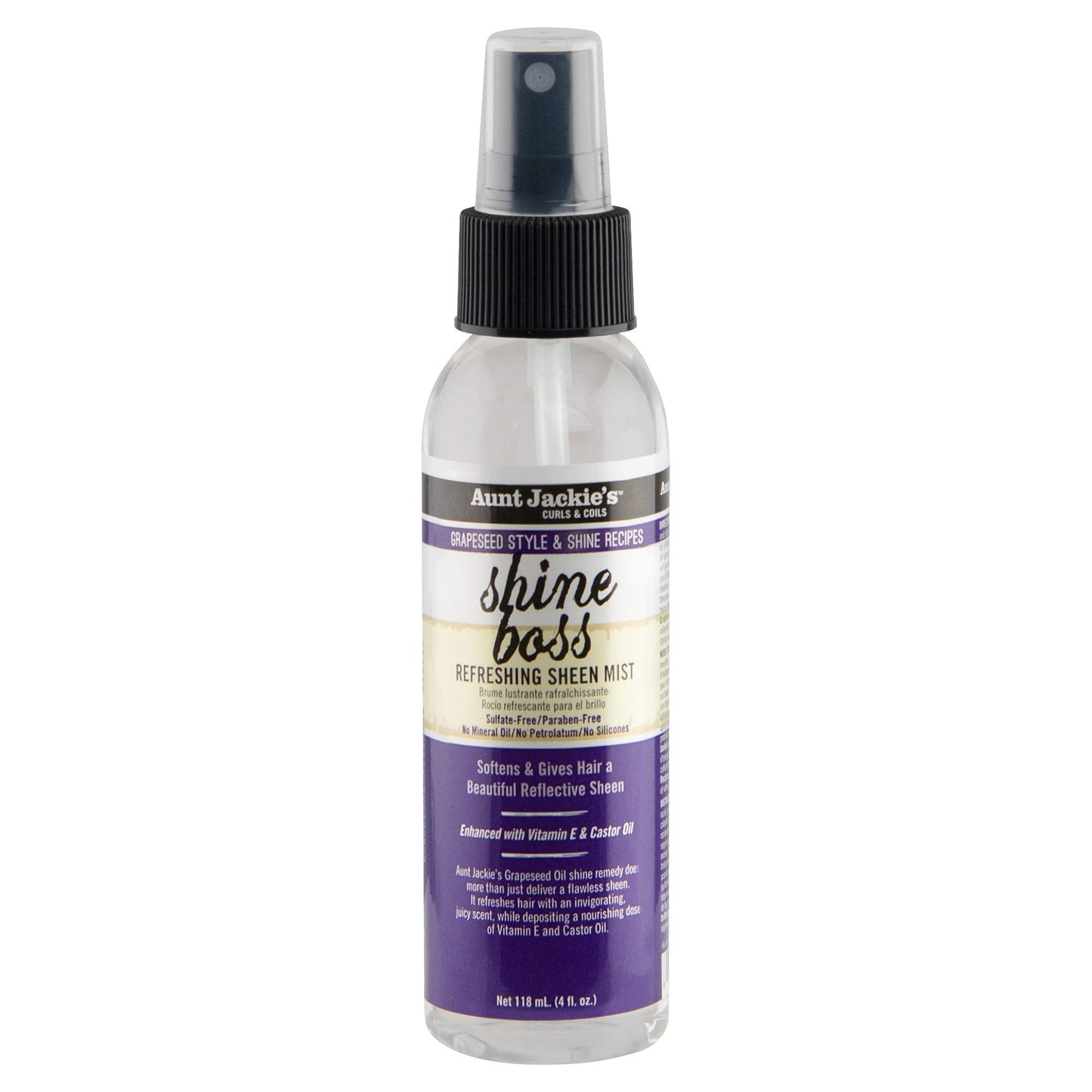 Aunt Jackie's Grapeseed Style and Shine Recipes Shine Boss Refreshing Sheen Hair Mist, Gives Curls, Waves and Coils Shine Without Oily Feel, 4 oz Beauty & Personal Care Aunt Jackie's
