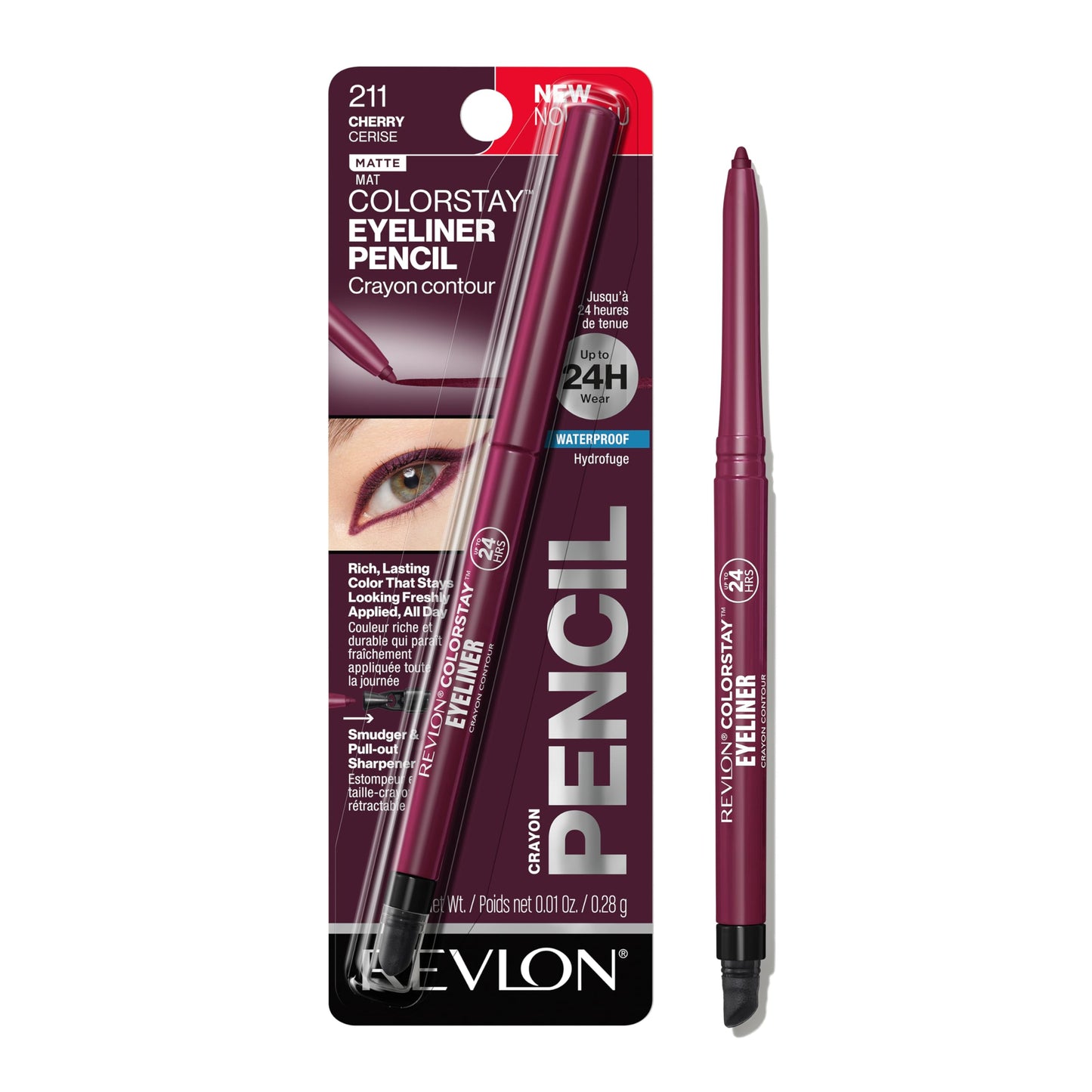 REVLON ColorStay Pencil Waterproof Eyeliner, Smudge-Proof, Eye Makeup with Built-In Sharpener, 211 Cherry, 0.01 oz Beauty & Personal Care REVLON