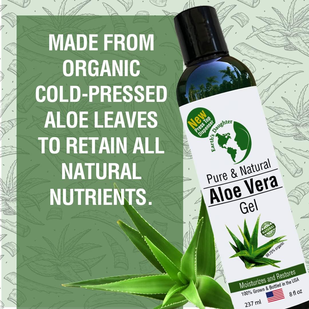 Earth's Daughter Organic Aloe Vera Gel from Fresh Cut 100% Pure Organic Aloe leaves - Fast Absorbing for Face, Skin, Hair & Body - Vegan, Unscented Beauty & Personal Care Earth's Daughter