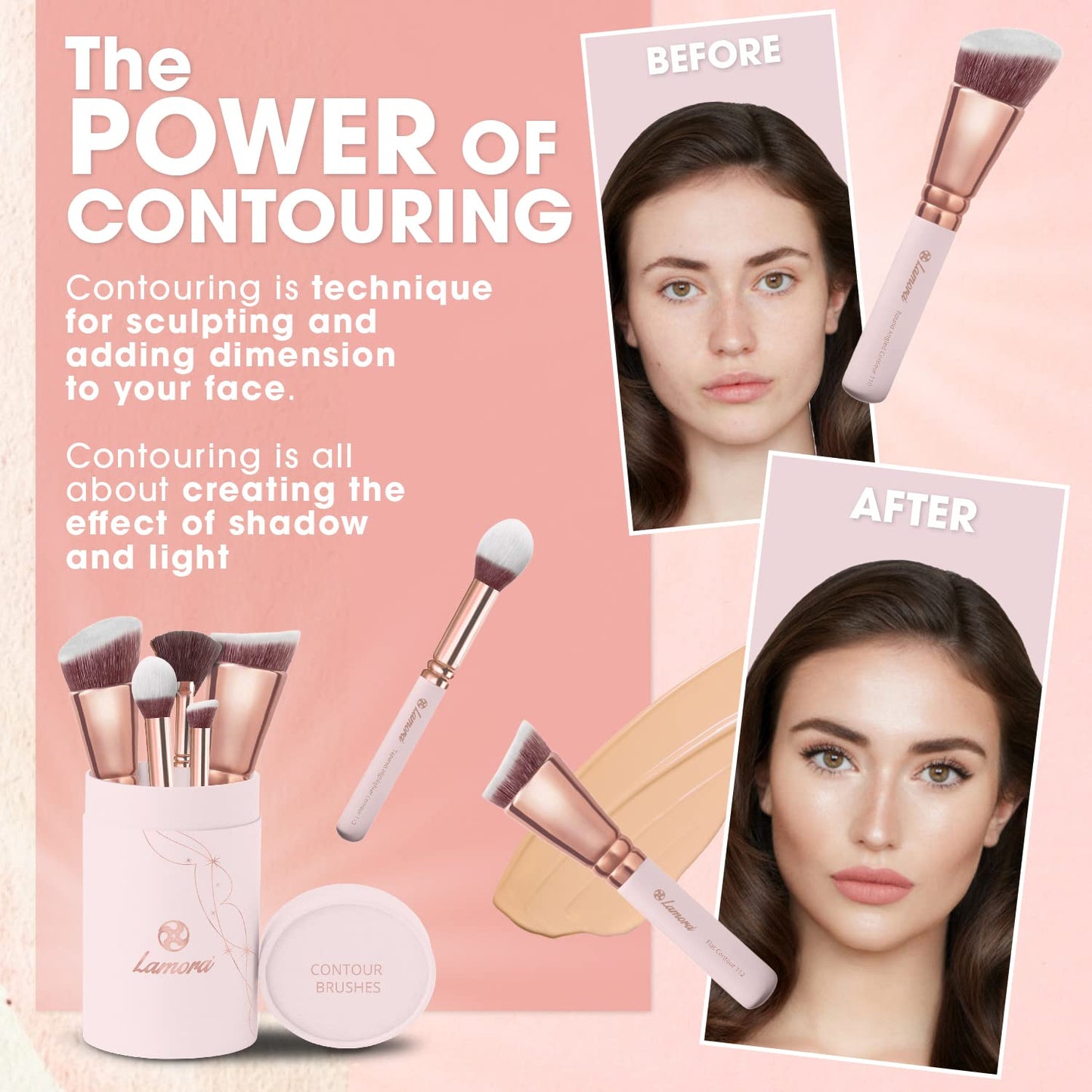 Pro Face Contour Brush Set - Synthetic Contouring Sculpting and Highlighting Kit - Cream Blush Powder Flat Nose Cheek Round Small Angled Fan Tapered Beauty & Personal Care Lamora