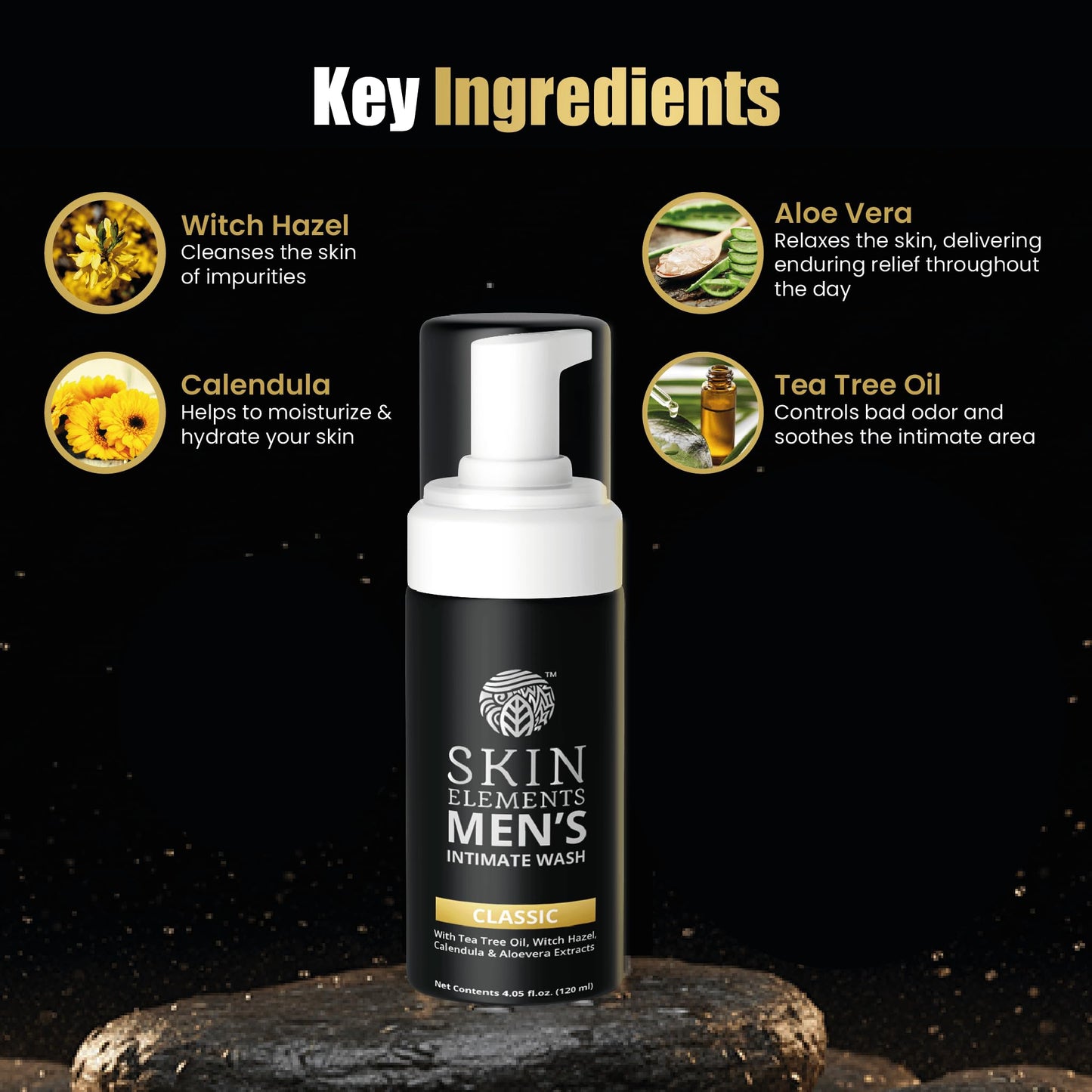 Skin Elements Intimate Wash for Men | pH Balanced Foaming Wash with Tea Tree Oil & Aloe Vera | Soothes, Refreshes & Maintains Hygiene | 4.05 fl. oz. | Beauty & Personal Care Skin Elements